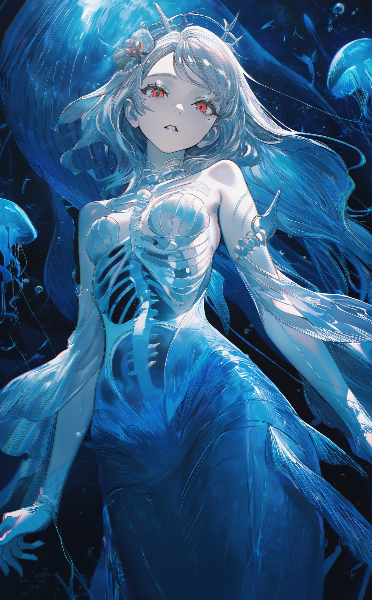 masterpiece,absurdres,best quality,petite,high quality,chromatic_aberration,//,1girl,red_eyes,solo,mole_under_eye,mole,blue_theme,parted_lips,long_hair,ribs,detached_sleeves,bubble,air_bubble,hair_ornament,cowboy_shot,skeleton,chromatic_aberration,blue_theme,breasts,fish,gills,from_below,dress,hair_flower,bare_shoulders,pearl_\(gemstone\),flower,arms_at_sides,bone,whale,blue_hair,mermaid,starfish_hair_ornament,looking_at_viewer,colored_skin,jellyfish,white_skin,small_breasts,see-through,pale_skin,floating_hair,grey_hair,monster_girl,white_hair,gem,shell_hair_ornament,teeth,swept_bangs,abstract_background,medium_breasts,spine,standing,fins,beads,//,<lora:ssxd——【noob】hans:1>,