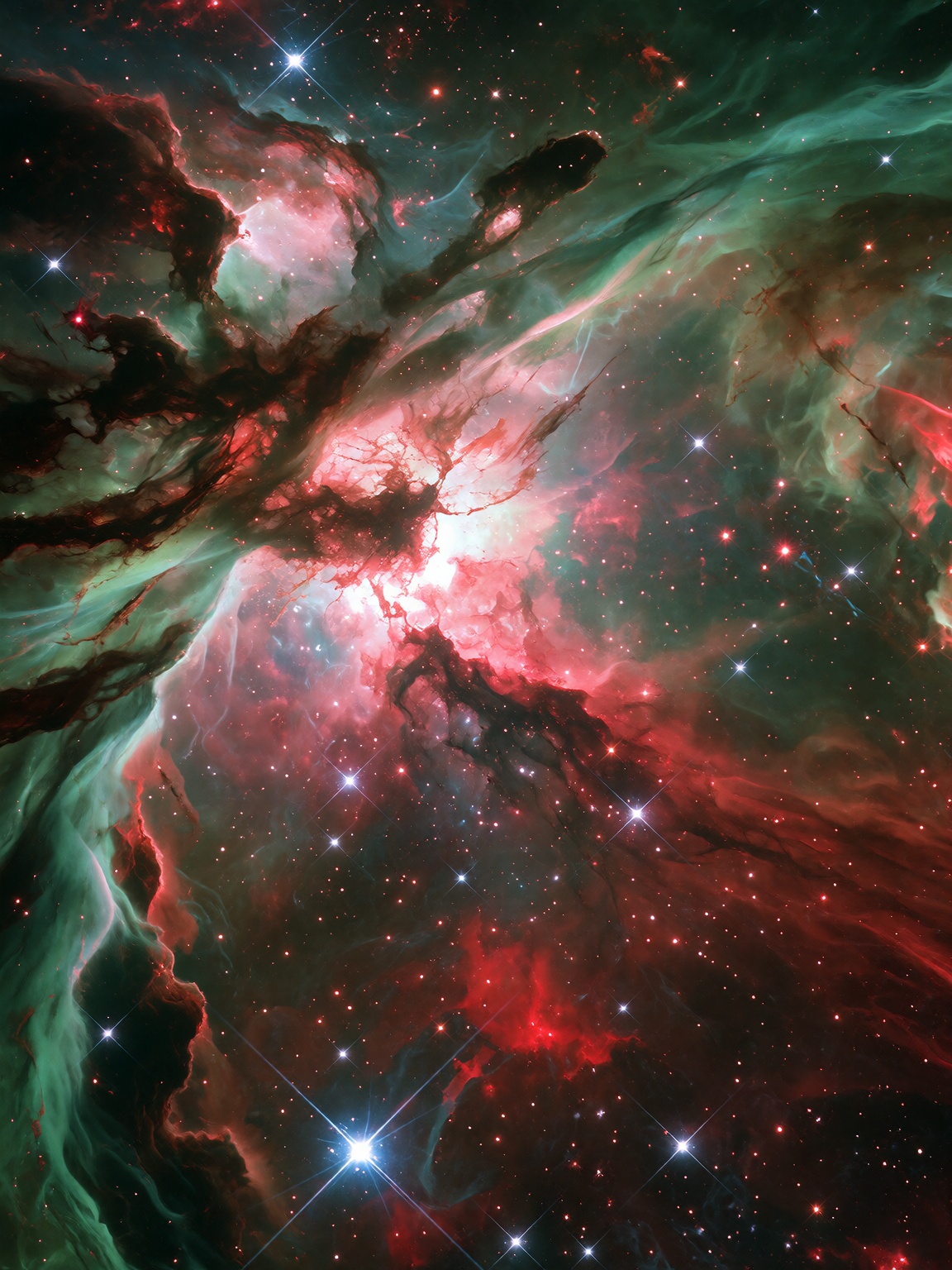 vibrant deep space nebula,  glowing green gaseous filaments,  intense fiery red central core on Tensor.Art