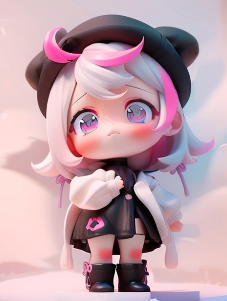 best quality,masterpiece,3D,C4D,1girl,solo,looking at viewer,blush,full body,bangs,dress,jacket,pink hair,chibi,white hair,multicolored hair,pink eyes,virtual youtuber,medium hair,black footwear,white headwear,princess skirt of fans,