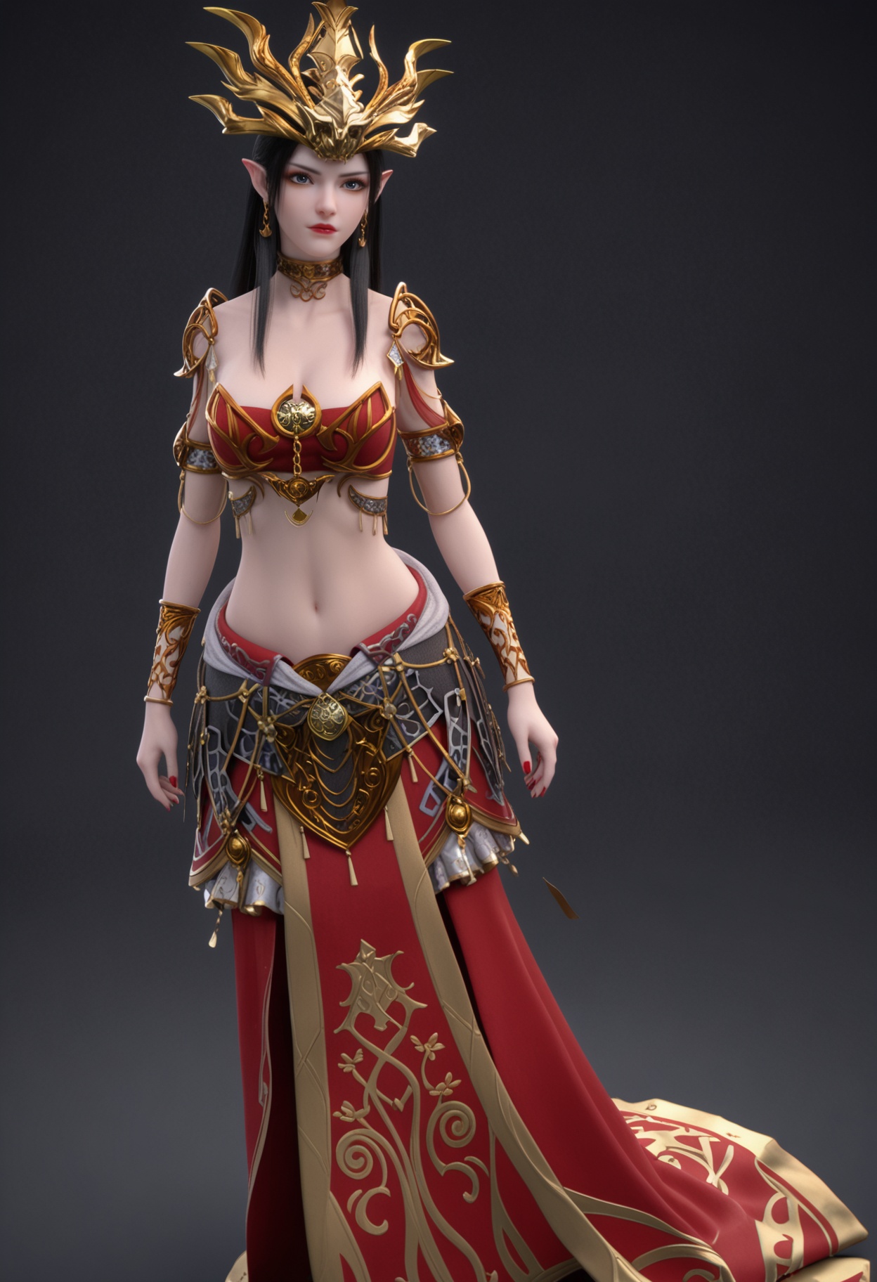 (looking_at_viewer:1.2),full body,<lora:YQ_pony_meidusha_xiongjiatouguan_V4:0.8>,1girl,q1528437228,solo,black hair,long hair,jewelry,earrings,hair ornament,armor,red skirt,armlet,bracelet,collar,blue eyes,long skirt,metal collar,scales,elf,shoulder armor,black eyes,choker,red nails,brown hair,horns,crescent,cleavage,simple background,pure black background,black background,