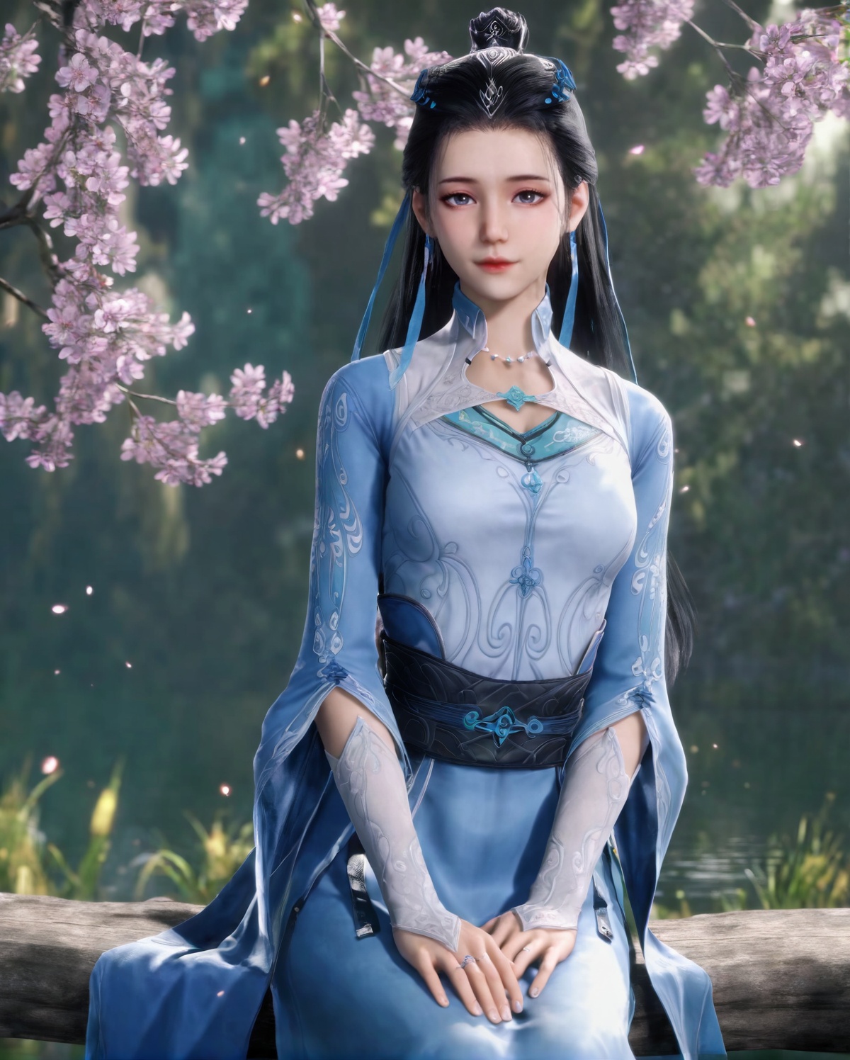 <lora:SF_WanJiangYu_Pony_Realism-000003:0.7>,1girl,solo,flower,dress,earrings,detached sleeves,hair ornament,jewelry,sitting,looking at viewer,branch,black hair,long hair,hair bun,blue dress,