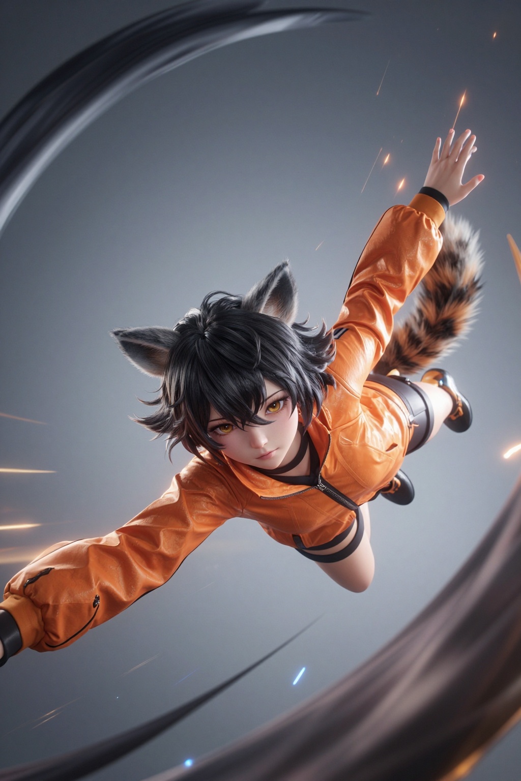 YY Anime style,CG,1girl, snuffy \(vtuber\), indie virtual youtuber, Dramatic lighting, caustics, cinematic lighting, crisp edges, Yellow-faced Honeyeater, motion lines, sports posture, dynamic shots, dynamic composition, dynamic pose, dynamic angle, black hair, orange jacket, jacket, outstretched arm, yellow eyes, expressionless, simple background, looking at viewer, short sleeves, arms up, raccoon girl, tail, long sleeves, upper body, closed mouth, raccoon tail, grey background, solo focus, short hair, animal ears, hair between eyes, raccoon ears,  floating clothe