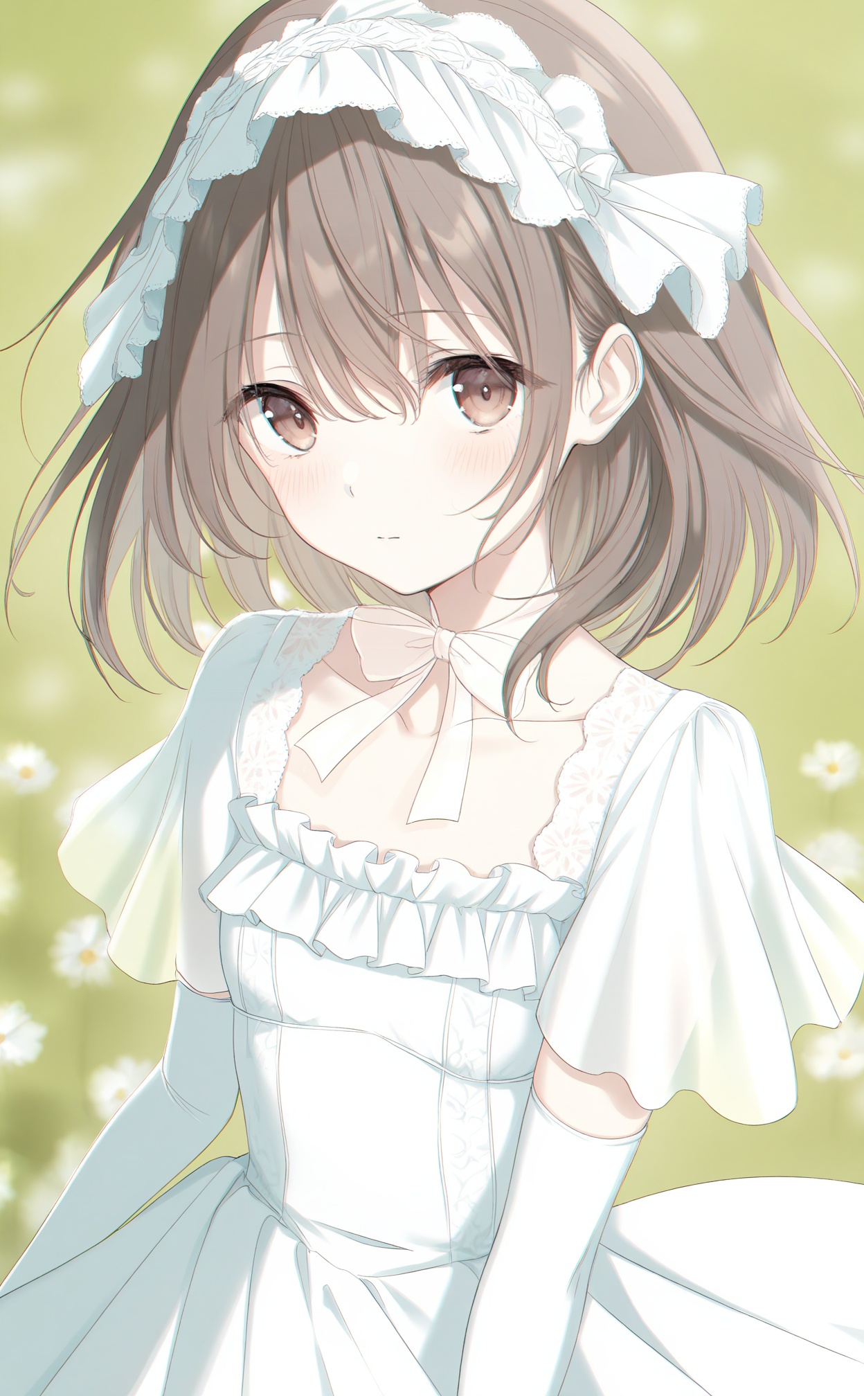 masterpiece,highres,absurdres,newest,best quality,loli,petite,high quality,chromatic_aberration,shiny_skin,//,1girl,solo,brown_eyes,dress,looking_at_viewer,white_dress,flower,ribbon,closed_mouth,upper_body,brown_hair,bow,frills,elbow_gloves,short_sleeves,blurry,white_flower,hair_between_eyes,blush,hairband,blurry_background,white_ribbon,lolita_fashion,frilled_dress,short_hair,collarbone,jewelry,green_background,medium_hair,//,<lora:aestivation——【noob】hans:0.8>,