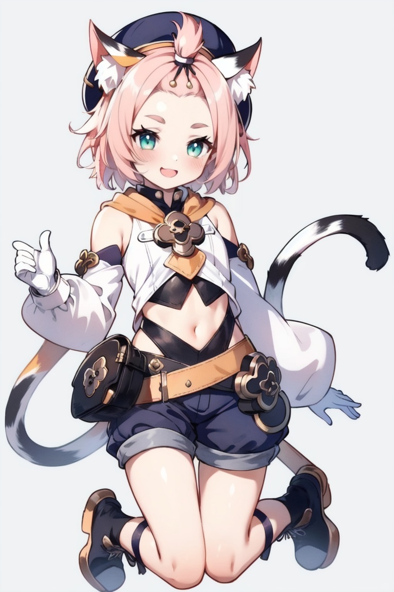((HRD, HUD, 8K)),((masterpiece, best quality)), highly detailed,Diona, 1girl, solo, animal ears, diona (genshin impact), cat ears, tail, pink hair, navel, hat, animal ear fluff, cat tail, cat girl, shorts, detached sleeves, green eyes, white gloves, gloves, open mouth, short hair, smile, bangs pinned back, simple background, full body, puffy shorts, looking at viewer, boots, grey background, paw print, thick eyebrows, black footwear, midriff, black shorts, blush, puffy sleeves, puffy detached sleeves, :d, forehead, bag, <lora:20240701-1719821584874:0.75>