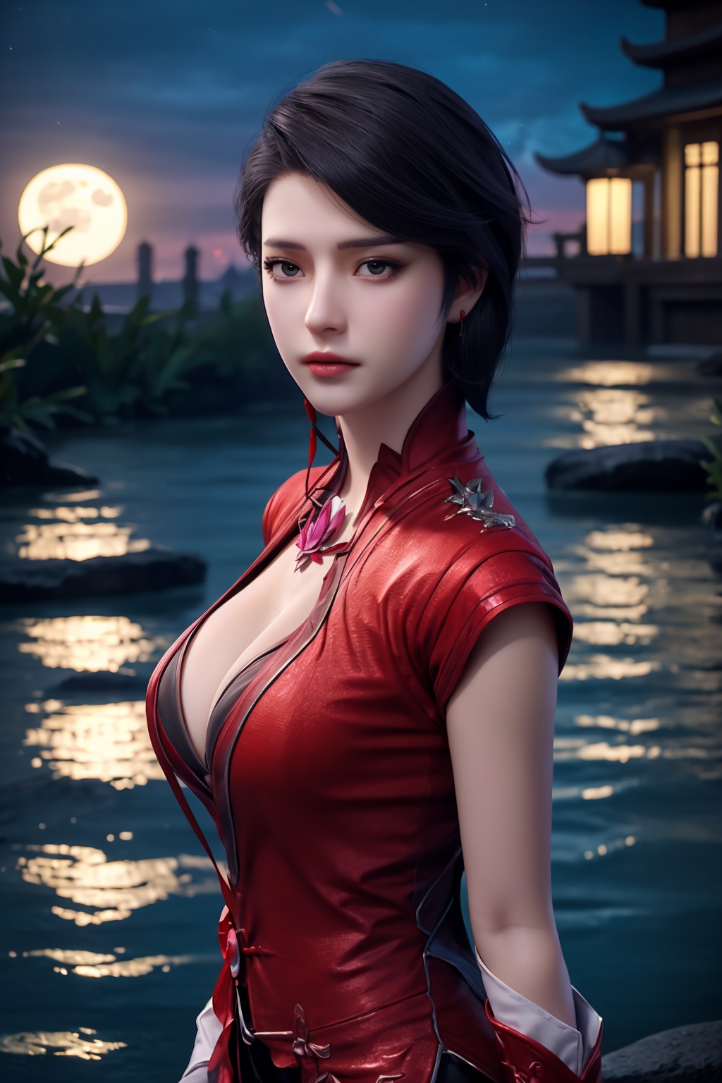 standing,dress,chinese clothes,flower,full_moon,moon,night,lily_pad,lotus,moonlight,nipples,water,night_sky,lily_\(flower\),sky,partially_submerged,1girl,solo,hair ornament,realistic,nail polish,photo_\(medium\),(big breasts, cleavage),makeup,(8k, RAW photo, best quality, masterpiece:1.2),(realistic, photorealistic:1.3),ultra-detailed,extremely detailed cg 8k wallpaper,(crystalstexture skin:1.2),extremely delicate and beautiful,(sexy pose:1.2),chinese dress,short hair