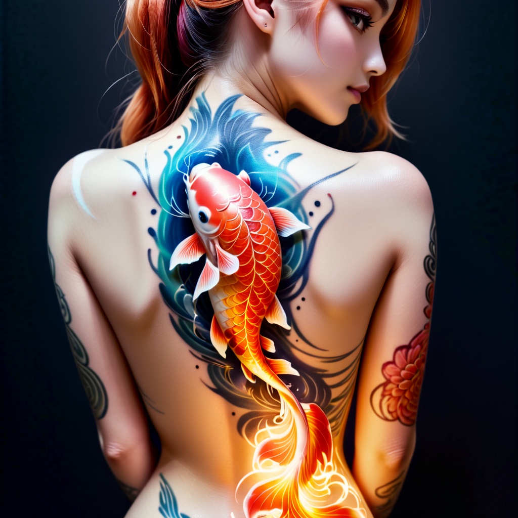 MHXL-Pos,  1 girl solo full body glowing light tattoo of a koi fish on her back,  MHXL-Pos on Tensor.Art