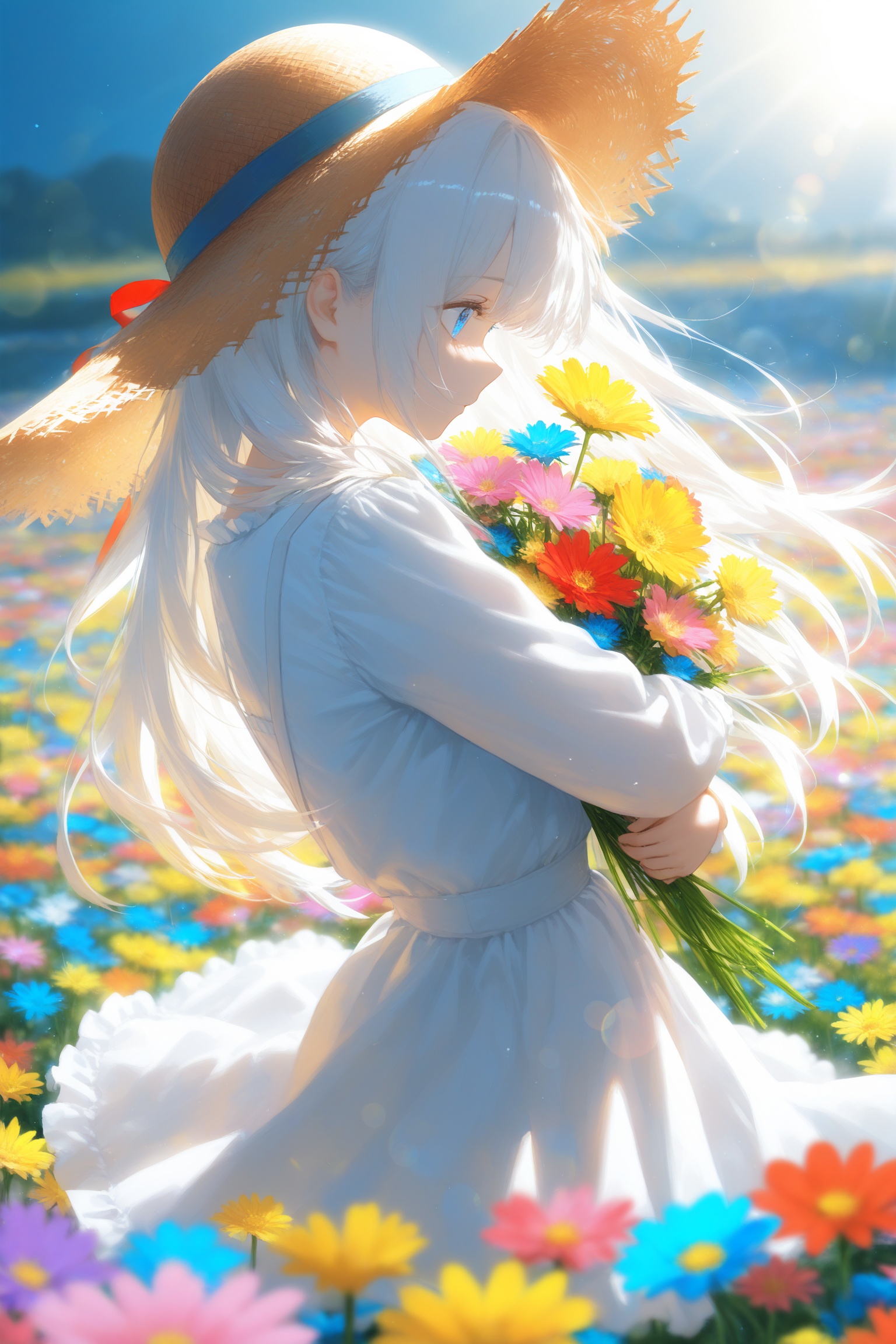 1girl,solo,white hair,long hair,blue eyes,white frilled dress,pinafore dress,straw hat,upper body,best quality,good quality,hugging flower,flower field,wind,particles,sunlight,blurry background,colorful,lens flare,perspective,from side,scenery,
