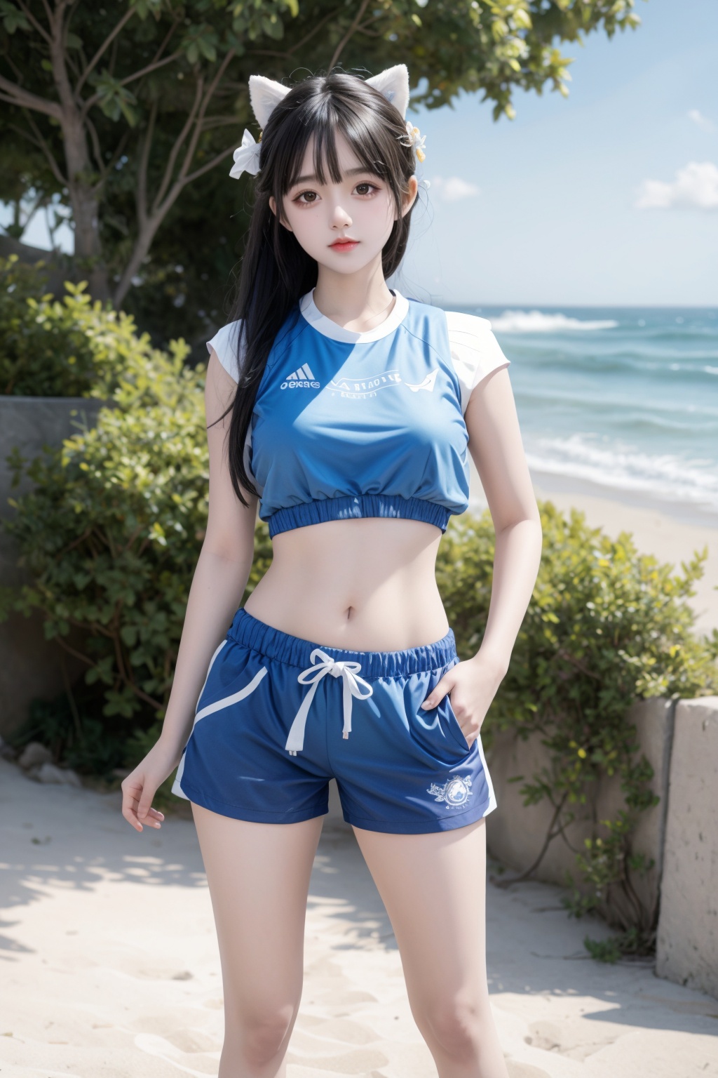 best quality,masterpiece,illustration,an extremely delicate and beautiful,extremely detailed,CG,unity,8k wallpaper,Amazing,finely detail,masterpiece,best quality,official art,extremely detailed CG unity 8k wallpaper1 girl,beach,walking,sports shorts,sports vest,puppy,empty hand,