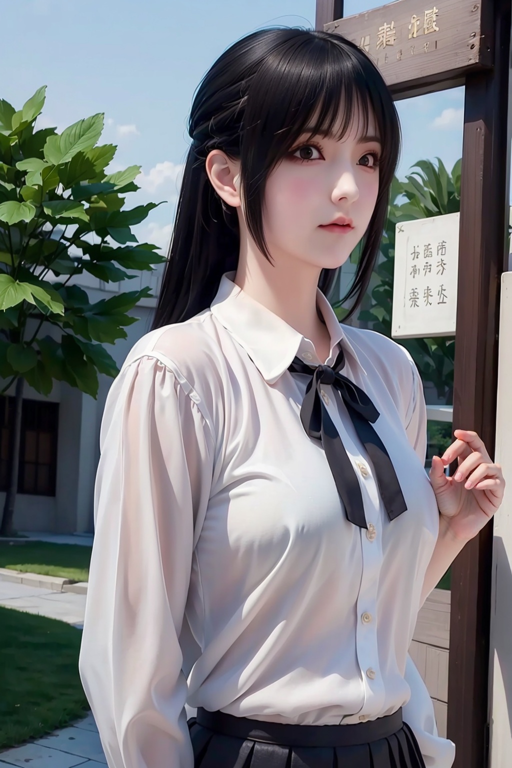 (masterpiece:1.2),(best quality:1.2),(high quality:1.2),(realistic:1.2),(photorealistic:1.2),(official art:1.2),(extremely detailed:1.2),1girl,chinese,upper body,idolmaster,lolita fashion,school uniform,solo,outdoors,(closed mouth:1.6),<lora:QILIN_20240413221153-000004:0.8>,