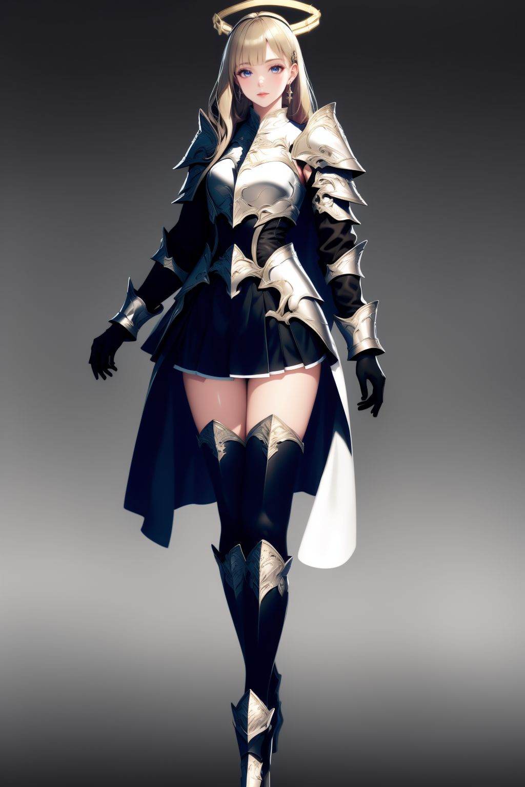 <lora:20250501_AgainGameCharacterLora:1>, 1girl, armor, solo, long hair, blonde hair, gradient background, full body, high heels, breastplate, boots, looking at viewer, standing, gloves, blue eyes, shoulder armor, thighhighs, grey background, skirt, high heel boots, gauntlets, armored boots, black gloves, earrings, pauldrons, closed mouth, black thighhighs, pleated skirt, lips, halo, simple background, armored dress, vambraces, hair ornament, greaves, dress, knight, breasts, faulds, jewelry, cape, thighs, blunt bangs, black skirt, miniskirt, grey eyes, pink lips, boobplate, black dress, knee boots, medium breasts