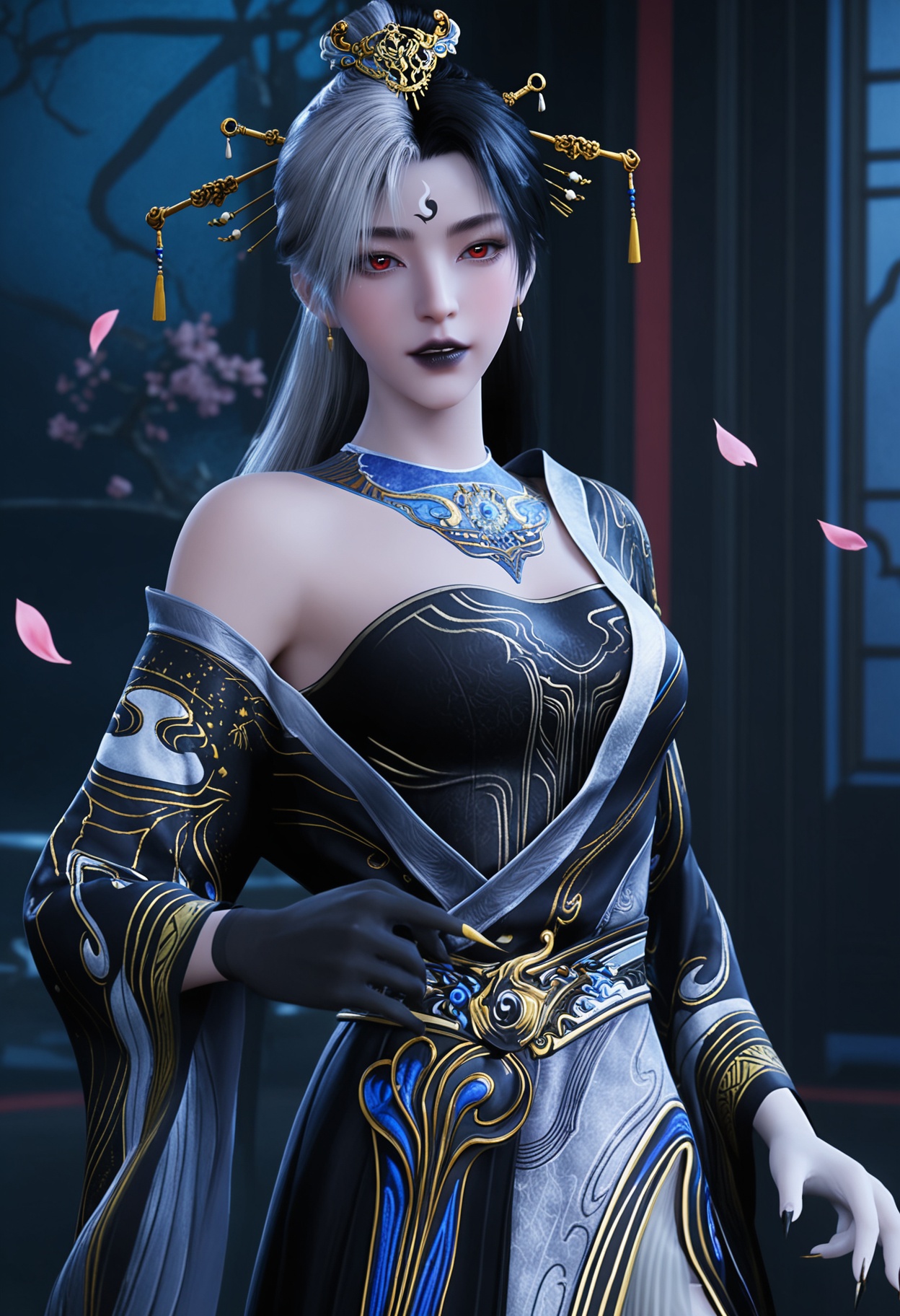 (upper_body:1.2),(looking at viewer:1.1),masterpiece,(best quality),smog,Dark room,dim lighting,peach blossom,falling petals,<lora:YQ_Illustrious光辉v5_阴阳教圣女_V1:0.8>,q1528437228,1girl,dress,solo,hair ornament,long hair,jewelry,black hair,earrings,white hair,forehead mark,red eyes,hair stick,multicolored hair,two-tone hair,forehead jewel,hair bun,wide sleeves,long sleeves,black dress,gloves,grey hair,blue dress,chinese clothes,black gloves,sash,single hair bun,black lips,necklace,short hair,black footwear,fingernails,sharp fingernails,blue hair,colored skin,shoes,black nails,