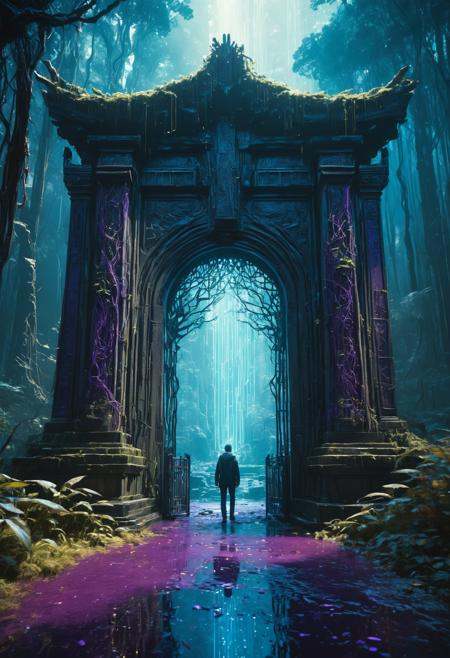 (Digital Artwork:1.3) of (Sketched:1.1) octane render of a mysterious dense forest with a large (magical:1.2) gate (portal:1.3) to the eternal kingdom, blade runner, intricate (vine:1.2), massive tree in liquid metal, realistic digital painting portrait, shot at 8k resolution, petrol liquid, pastel color, splash art, blue and purple magic universe, light engrave in intricate details, (light particle:1.2), (game concept:1.3), (depth of field:1.3), global illumination,Highly Detailed,Trending on ArtStation 