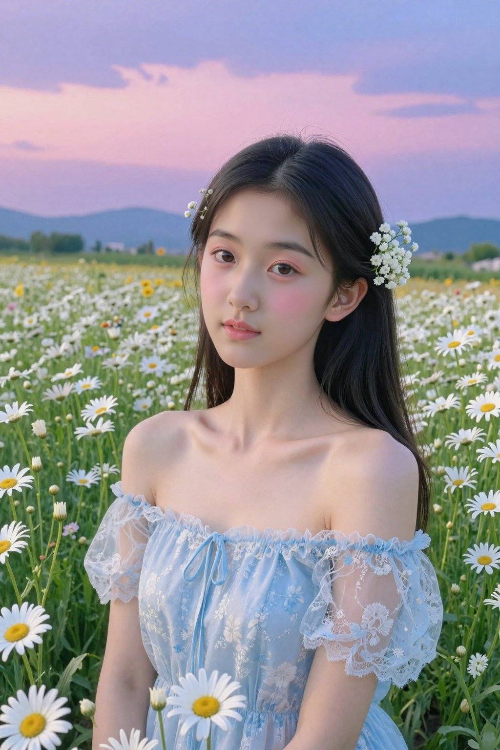 <lora:20260302_TinZITSharpnessSliderLora_v1_000000060:0>, This is a high-resolution photograph capturing a young Asian woman in a serene, sunlit field of blooming daisies. The woman, likely in her early twenties, has long, straight black hair adorned with delicate, white baby's breath flowers. Her skin is smooth and fair, with a natural, radiant complexion. She is dressed in a light, off-shoulder, light blue dress with sheer, lace-like sleeves and a subtle floral pattern, which complements the surrounding flowers. Her makeup is minimal but accentuates her eyes with a soft, pink blush and subtle eyeliner, giving her a fresh, natural look. The background features a vast expanse of daisies in various stages of bloom, with some flowers fully open and others still in bud, creating a lush, vibrant field. The sky is a beautiful gradient of soft pinks and purples, transitioning into a deeper blue as it reaches the horizon, suggesting either dawn or dusk. In the distance, rolling hills or mountains are faintly visible, adding depth to the scene. The overall mood is peaceful and ethereal, with the woman appearing almost like a serene spirit among the flowers.