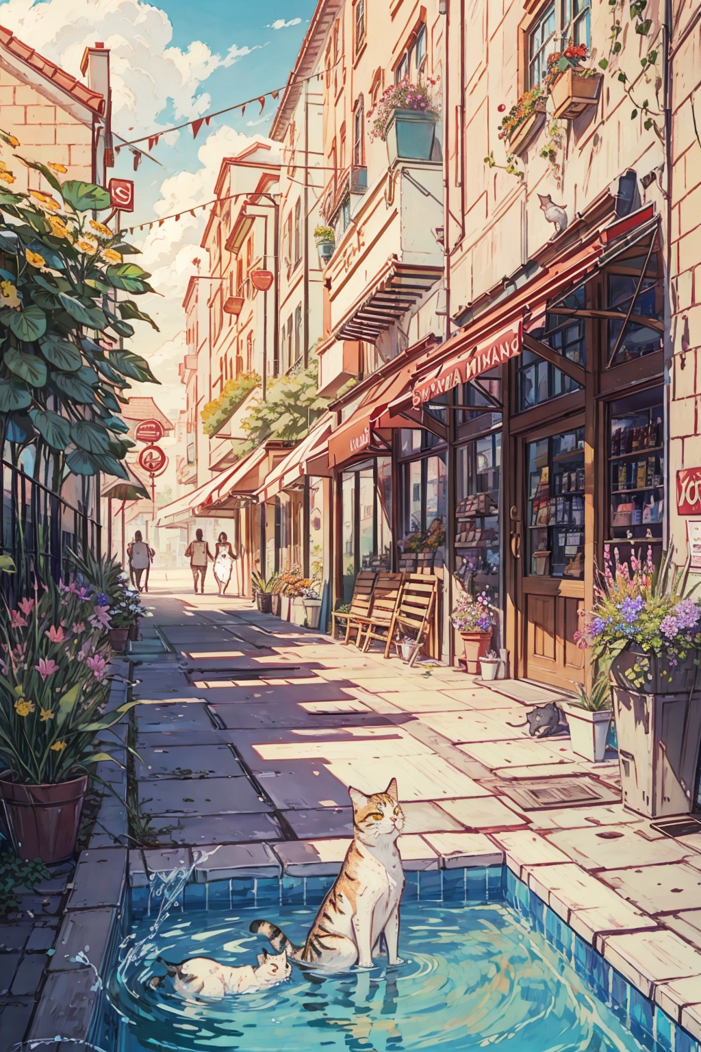 (Masterpiece),(Best Quality),highres,Beverage advertising,featuring a store,grocery store,(cute cats:1.2),flowers,vines,lemons,water,swimming pool,swimming circle,sunshade umbrella,detailed character design,double story buildings,road signs,<lora:Marker Illustration:1>,
