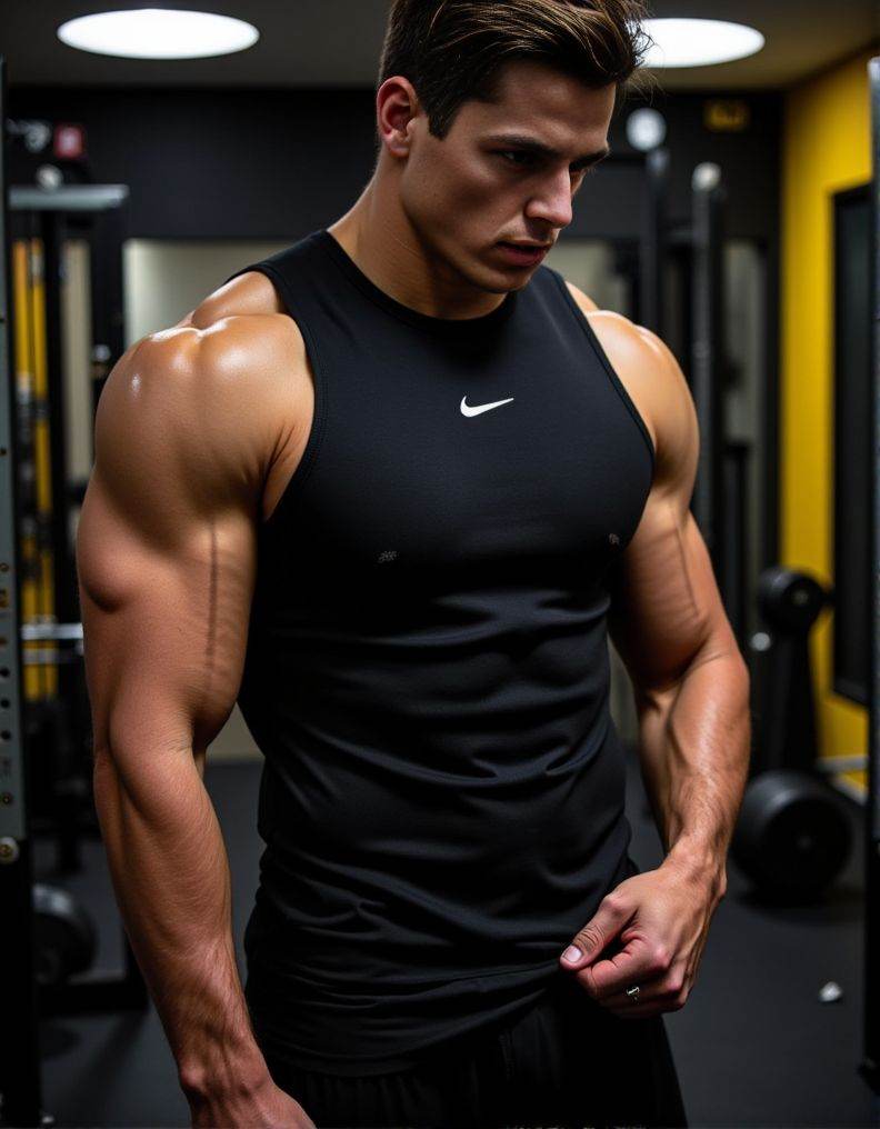 Pietro Boselli ,  A detailed low-angle image. in exceptional quality. He is in a gym with a predominance of black and a li...