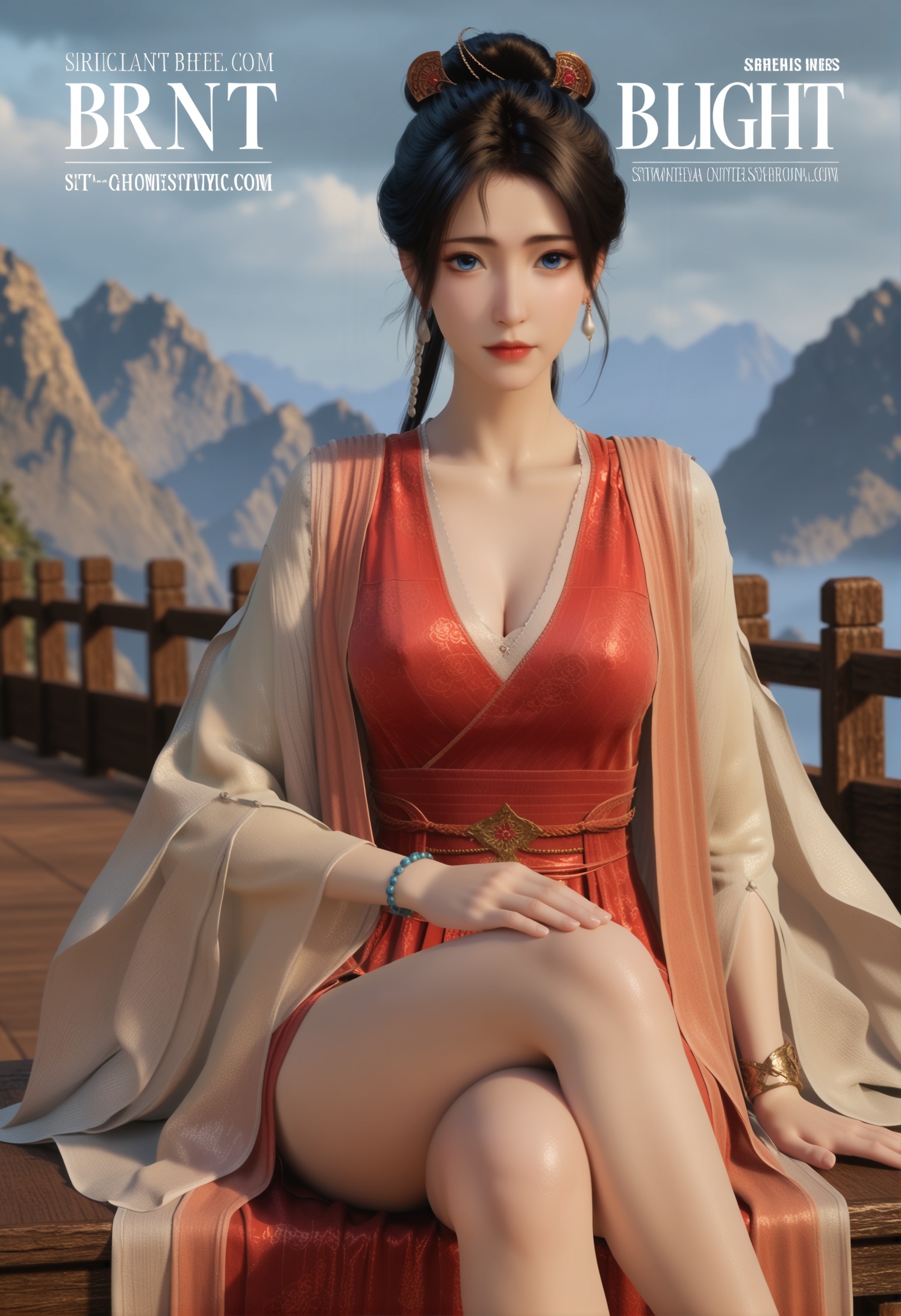 score_9,score_8_up,score_7_up,1girl,solo,sitting,(crossed_legs:1.3),looking_at_viewer,1girl,solo,realistic,dress,(red dress:1.1),chinese clothes,hanfu,floral print,shawl,robe,see-through sleeves,long sleeves,wide sleeves,realistic,jewelry,hair ornament,hair beads,beads,earrings,bracelet,1girl,solo,realistic,(mature face:1.2),big eye,(pale_skin:1.1),shiny_skin,slender face,long hair,black hair,hair bun,ponytail,blue eyes,cleavage,red lips,lips,closed mouth,realistic,(bright light:1.3),(grey_background:1.2),(gradient_background:1.1),(magazine cover theme:0.75),transparent_background,simple background,depth of field,<lora:小巳-慕沛灵-侍妾pony:0.85>,