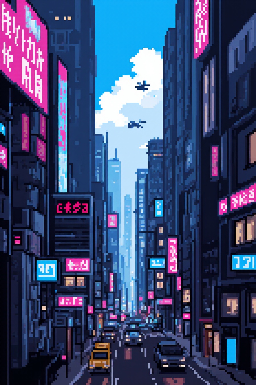 style of aziib_pixel,  cyberpunk city landscape with flying cars. on Tensor.Art