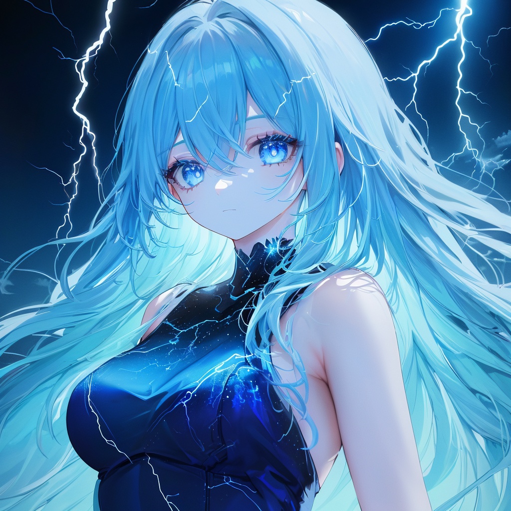 masterpiece,best quality, ultra-detailed, 1girl, beautiful detailed eyes, beautiful detailed glow, detailed lightning, beautiful detailed lightning,  long hair, lightning,glowing,electricity,gradient,light,(((blue dress))),blue Theme,Lightning hair,fully body,makeup <lora:ldv2-000008:0.5>，Lightning surrounds the body