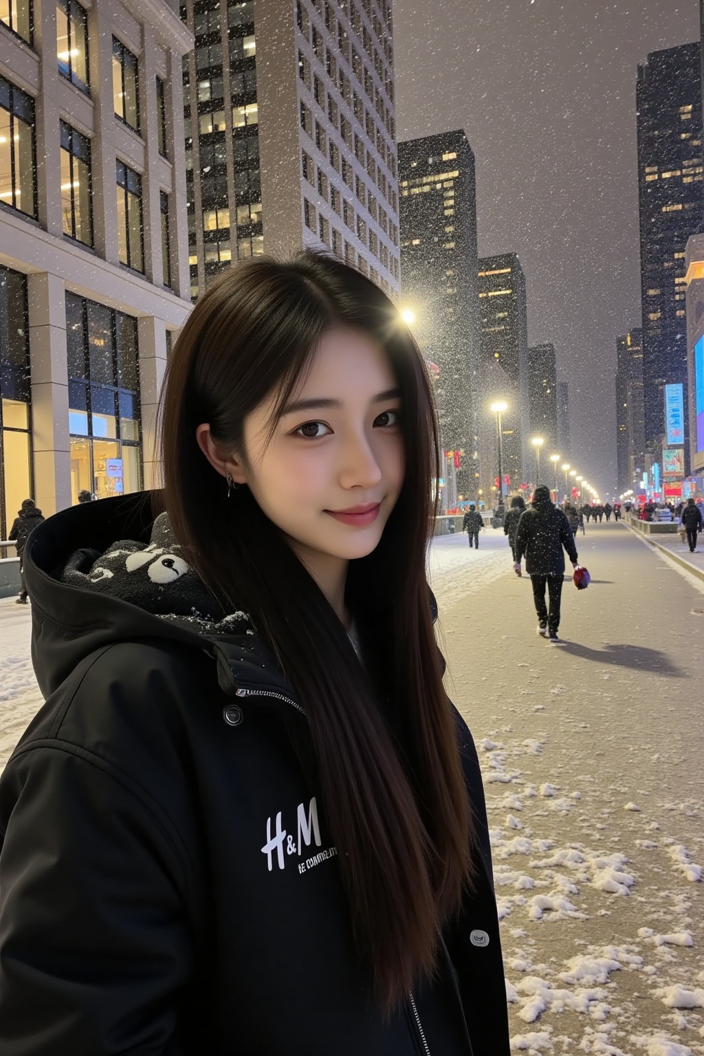 beauty,This is a photograph taken in a snowy urban setting, likely in a city with tall buildings and street lights. The main subject is a young Asian woman with long, dark hair and a light complexion. She is wearing a black hooded jacket with the brand name "H and M" visible on the left side. The hood of her jacket has a decorative pattern that includes a bear face. She has a subtle smile and is looking directly at the camera.The background features a snow-covered street with a few people walking in the distance. The buildings are tall and have a modern design, with some illuminated signs visible, indicating a bustling city environment. Snow is actively falling, creating a soft, textured background with flakes visibly in the air. The street lights cast a warm glow, contrasting with the cold, wintry atmosphere. The overall mood of the image is serene yet lively, capturing the essence of a snowfall in a busy city.