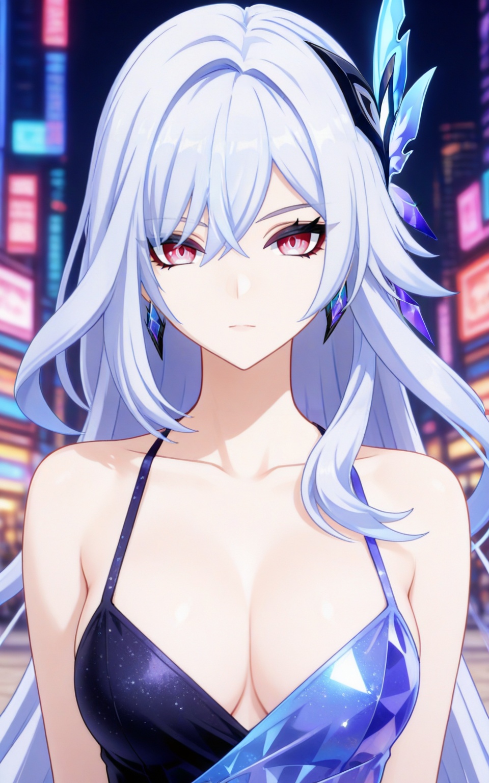 depth of field,masterpiece,best quality,very aesthetic,alternate costume,alternate costume,2024,2023,perfect composition,ultra-detailed,extreme aesthetic,masterpiece,best quality,good quality,newest,year 2024,year 2023,very aesthetic,absurdres,looking_at_viewer,colorful,upper_body,dress,<lora:丝柯克·衣服百搭款ILL:0.8>,skirk_(genshin impact),white hair,long hair,red eyes,earrings,hair_ornament,hair between eyes,