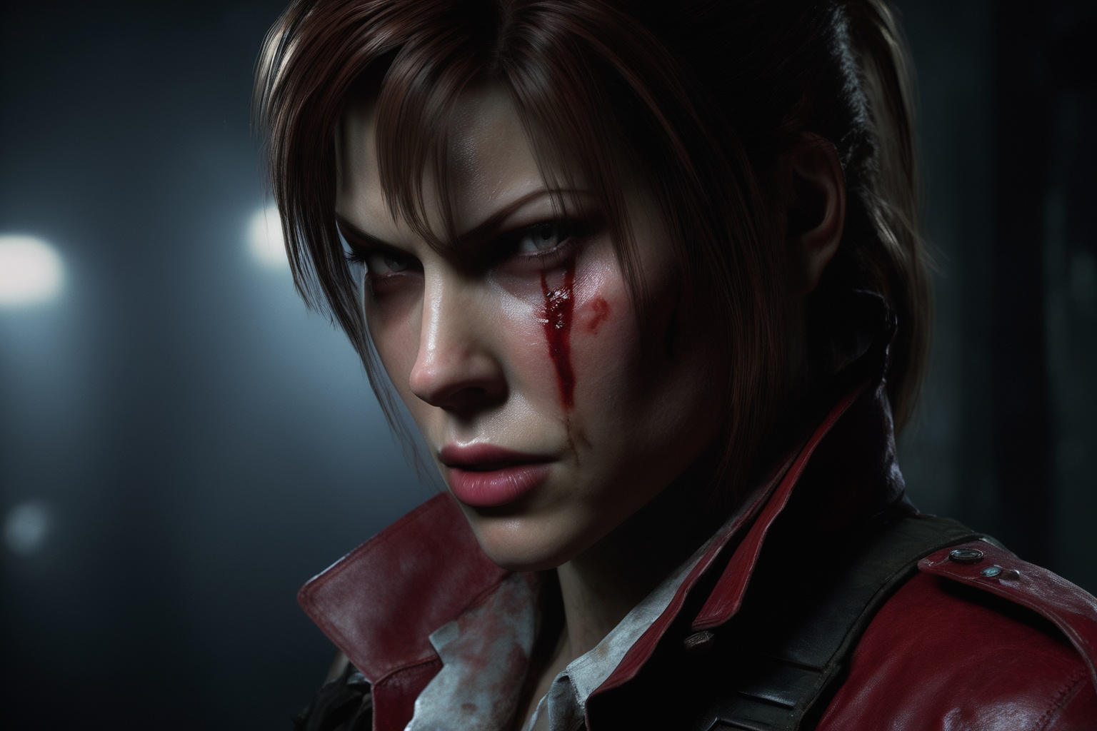 close up of a scary Claire Redfield from resident evil,  rusty environment background,  a character portrait on Tensor.Art