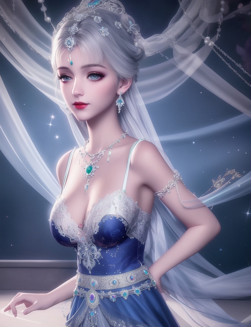 ultra realistic 8k cg, picture-perfect face, flawless, clean, masterpiece, professional artwork, famous artwork, cinematic lighting, cinematic bloom, perfect face, beautiful face, fantasy, dreamlike, unreal, science fiction, huge breasts, beautiful clothes, lace, lace trim, lace-trimmed legwear, (rich:1.4), prestige, luxury, jewelry, diamond, gold, pearl, gem, sapphire, ruby, emerald, intricate detail, delicate pattern, charming, alluring, seductive, erotic, enchanting, hair ornament, necklace, earrings, bracelet, armlet,halo ((,1girl:1.5,   solo, ))<lora:DA_NikkiChangEr2.0:0.6>