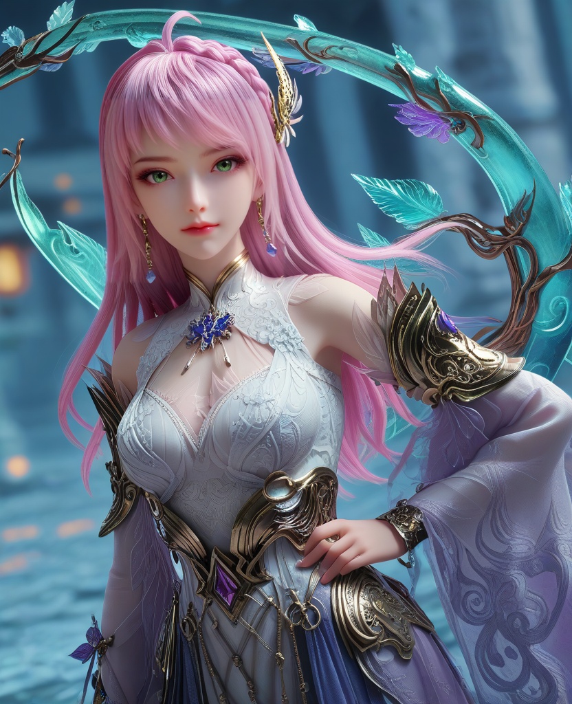 (oriental architecture, elegant decor, sophisticated style:1.1),(Standing with one hand on hip, other arm extended to the side,:1.1),(breasts:1.2),<lora:XL16克金玩家林紫玥转职:0.95>,miss linziyue,lavender tiered high-low dress,green eyes,pink hair,ahoge,long hair,half-up crown braid with long cascading hair,jewelry,earrings,rerebrace,sash,detached sleeves,white single thighhigh with embroidery,crystal halo,, score_9,score_8_up,score_7_up,score_6_up,score_5_up,score_4_up,3d rendering,tag1,tag2, Cinematic Lighting,backlighting,, zPDXL3, zPDXL2,zPDXL, zPDXLxxx, zPDXLrl,