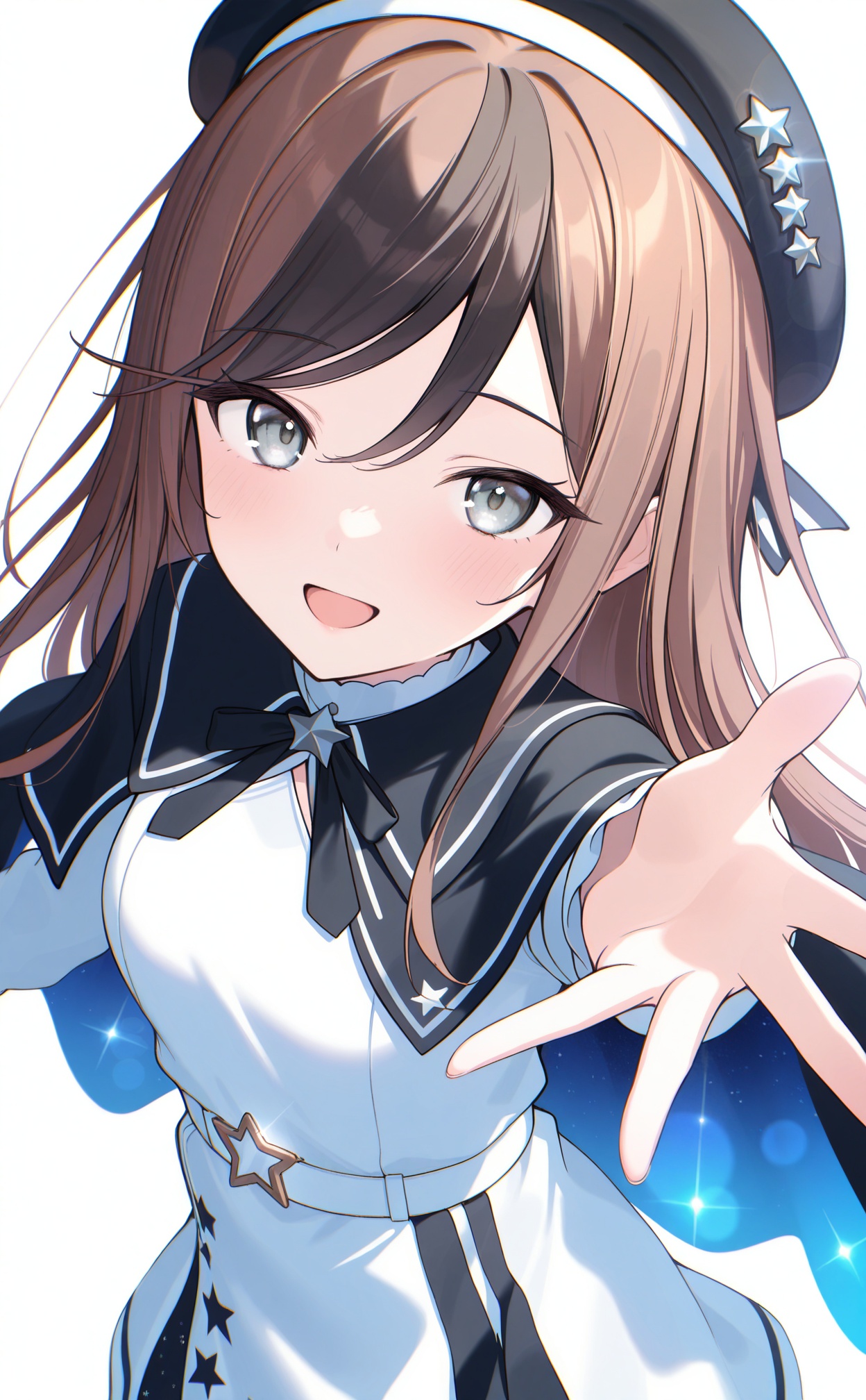 masterpiece,very aware,(highres),absurdres,newest,best quality,high quality,chromatic_aberration,White Theme,lightblue Theme,//,1girl, solo, hat, long hair, beret, dress, looking at viewer, reaching towards viewer, reaching, black hair, simple background, white dress, smile, neck ribbon, black headwear, open mouth, star \(symbol\), brown hair, grey eyes, dutch angle, star print, cape, black cape, ribbon, official alternate costume, blush, black ribbon, hair between eyes, two-tone dress, swept bangs//,absurdres,newest,very aesthetic,amazing quality,highres,sensitive,ultra detailed,best anatomy,HDR,8K,high detail RAW color art,high contrast,illustration,depth of field,(colorful),phenomenal aesthetic,detailed light,blurred picture,Tyndall effect,contrast,lens flare,cinematic lighting,//,<lora:timmoo——【noob】hans:1>,