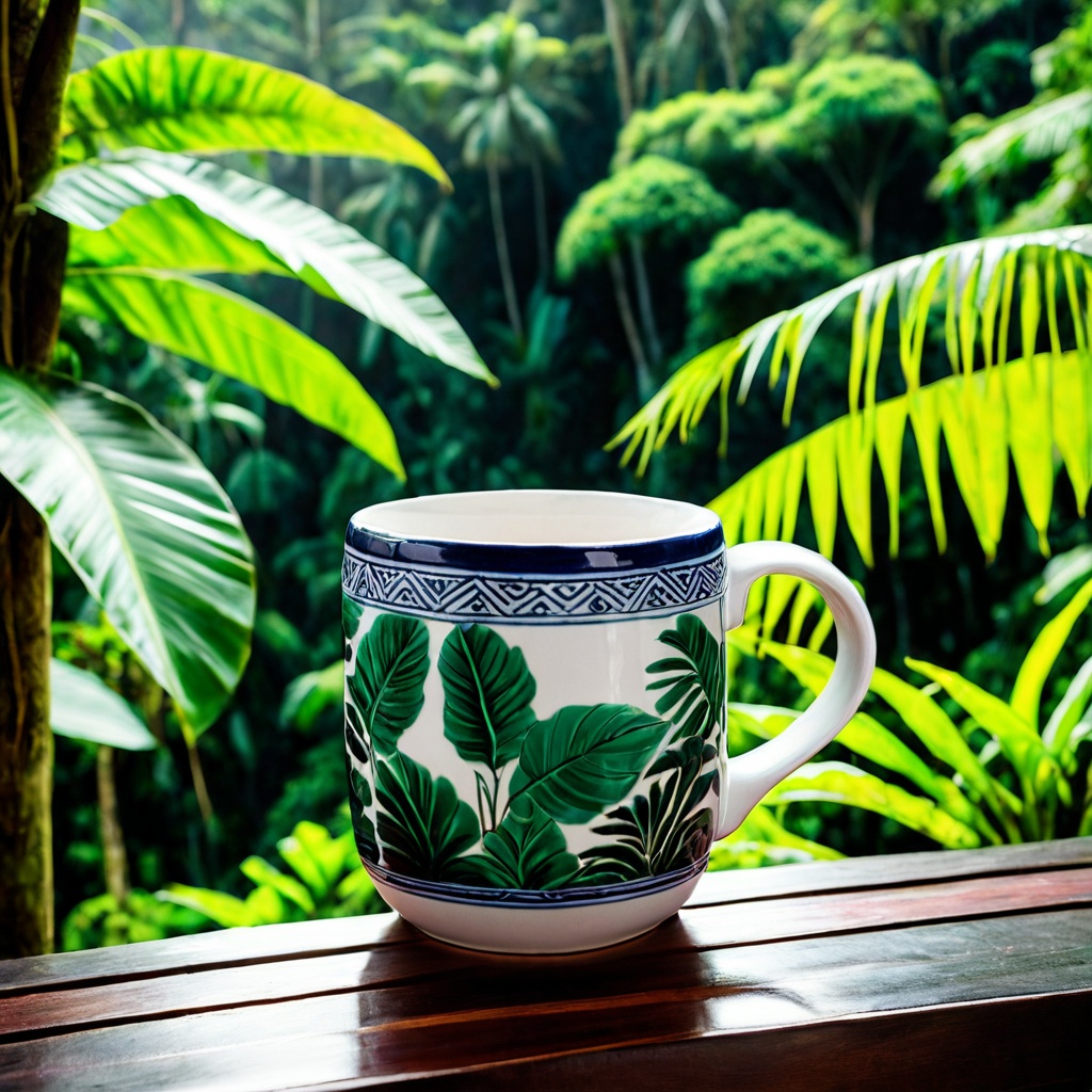 scenebalinjungl,  a ceramic coffee mug,  Balinese jungle villa terrace on Tensor.Art