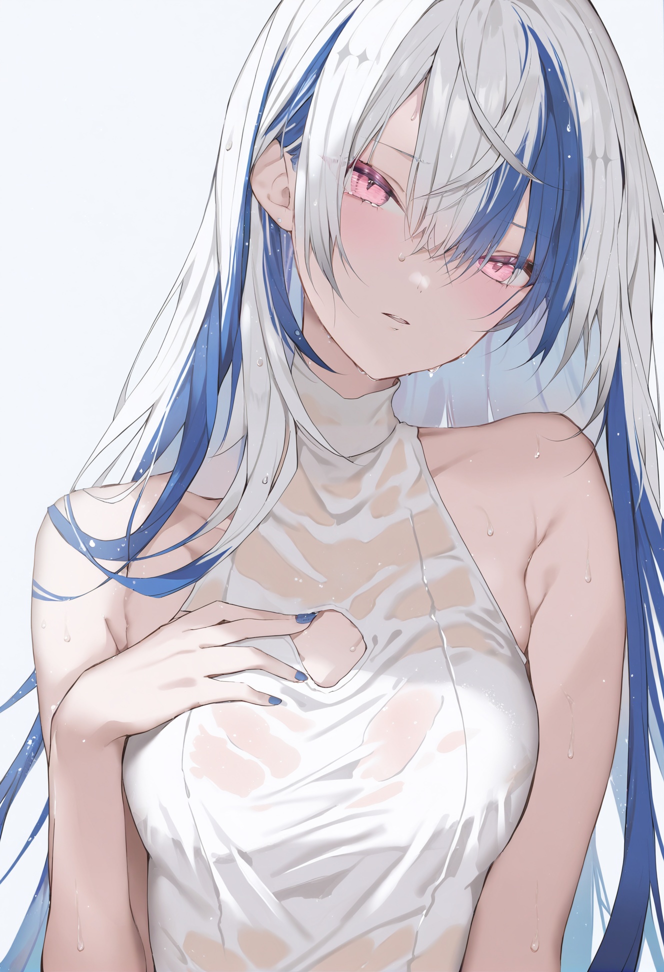 masterpiece, best quality,1girl,   solo, long hair, white background, multicolored hair, upper body, simple background, breasts, blue hair, wet, bangs, looking at viewer, white hair, blush, pink eyes, parted lips, bare shoulders, virtual youtuber, sleeveless, streaked hair, medium breasts, white dress, collarbone, wet clothes, shirt, blue nails, red nails, hand on own chest, sleeveless shirt, sidelocks, sweat, hair between eyes, wet shirt, breath, v-shaped eyebrows, official alternate costume, turtleneck dress, two-tone hair, long bangs, sweatdrop, bare arms, dress, jewelry, nail polish <lora:kotrou020XLlokr8f-000180:0.95>