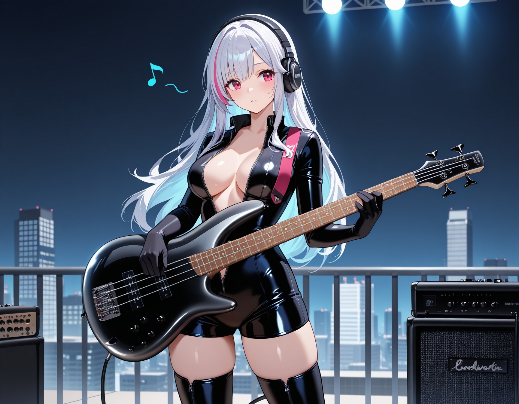 (1woman playing bass guitar),solo,standing,dynamic pose,from front,beautiful eyes,long hair,streaked long hair,glossy black leather long Sleeve,Open collar,shiny sliver accents,bare hip unzipped,cutouts on sides catsuit,elbow gloves,lovestruck,headphone,thighboots,speaker,amplifier,musical note,skyscraper rooftop,textures,detailed texture,very detailed face,masterpiece,best quality,good quality,very awa,very aesthetic,absurdres,newest,<lora:SR300E ILL:1>,