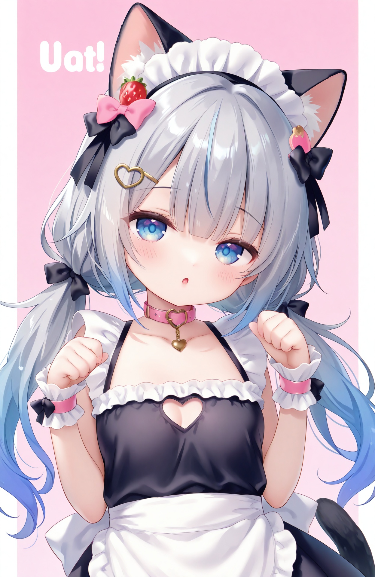 masterpiece,absurdres,best quality,petite,high quality,chromatic_aberration,loli,//,best quality, 1girl, animal ears, clothing cutout, solo, breasts, tail, cleavage, twintails, cat ears, bow, rabbit hair ornament, blue eyes, cleavage cutout, hair ornament, blush, looking at viewer, pink bow, multicolored hair, hair bow, upper body, medium breasts, heart cutout, strawberry, long hair, pink background, animal ear fluff, paw pose, wrist cuffs, blue hair, cat tail, collar, frills, cat girl, food-themed hair ornament, :o, hands up, fake animal ears, pink choker, collarbone, hair over shoulder, parted lips, gradient hair, heart o-ring, fruit, low twintails, black bow, grey hair, pink collar, food, heart, pillarboxed, hairband, cover, english text, dress, cover page, hairclip, open mouth, blunt bangs, black ribbon, heart choker, two-tone hair, sleeveless, animal collar, two-tone background, apron, black dress