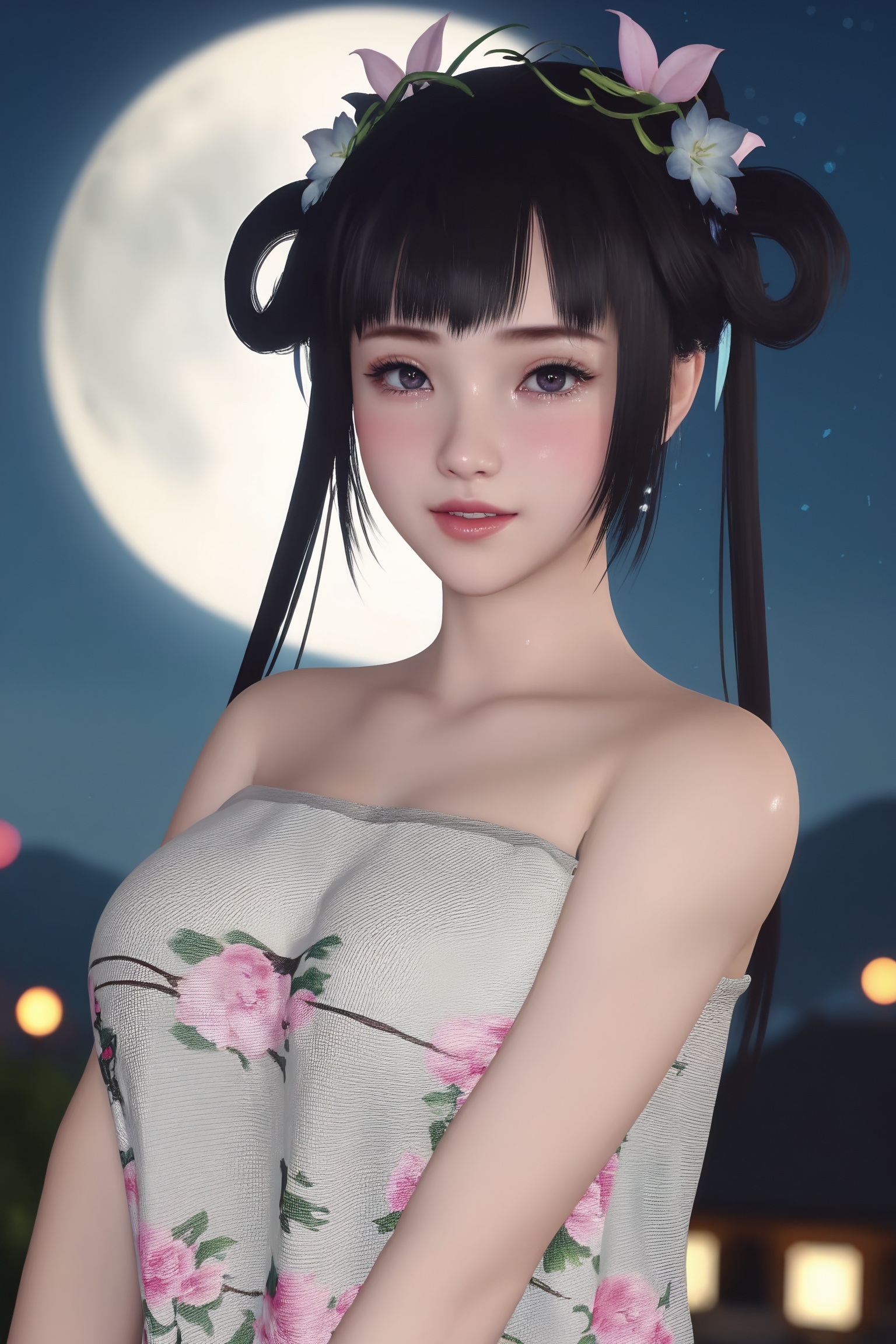 score_9,1girl,solo,shiny,shiny_hair,score_9,upper_body,portrait,fair_skin,white_skin,shiny_skin,shiny,Ivory_skin,looking at viewer,cinematic lighting,volumetric lighting,solo focus,blurry background,depth of field,night,sky,night sky,full moon,(huge planetary background:1),moonlight,<lora:落花泪国风肚兜:0.7>,long black hair,twin ponytails,a loose,off-shoulder top made of a light,sheer fabric with a floral pattern featuring pink and green blossoms.,