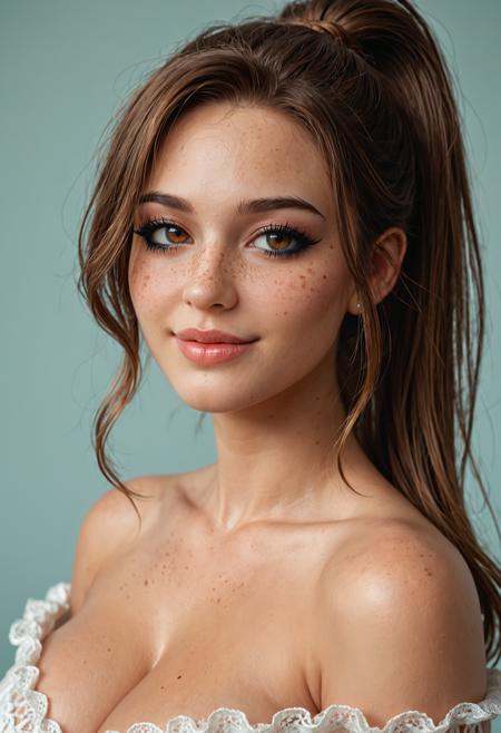score_9,score_8_up,score_7_up, beautiful lady, (freckles), big smile, brown hazel eyes, Ponytail, dark makeup, hyperdetailed photography, soft light, head and shoulders portrait, coverperfect eyes, simple background, massive breasts