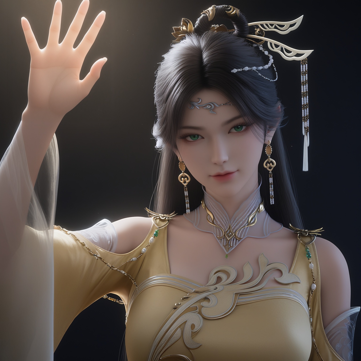 masterpiece,best quality,absurdres,highres,BREAK(glamor:1.1),slender,1girl,solo,<lora:金瓶儿-ill-000008:0.82>,jingpinger,long hair,black hair,hair ornament,earrings,jewelry,green eyes,shoulder cutout,wide sleeves,yellow dress,see-through,looking at viewer,front view,(ok_sign),upper body,BREAKsimple background,black background,rim light,Tyndall effect,Volumetric Lighting,Cinematic Lighting,realistic,depth of field,