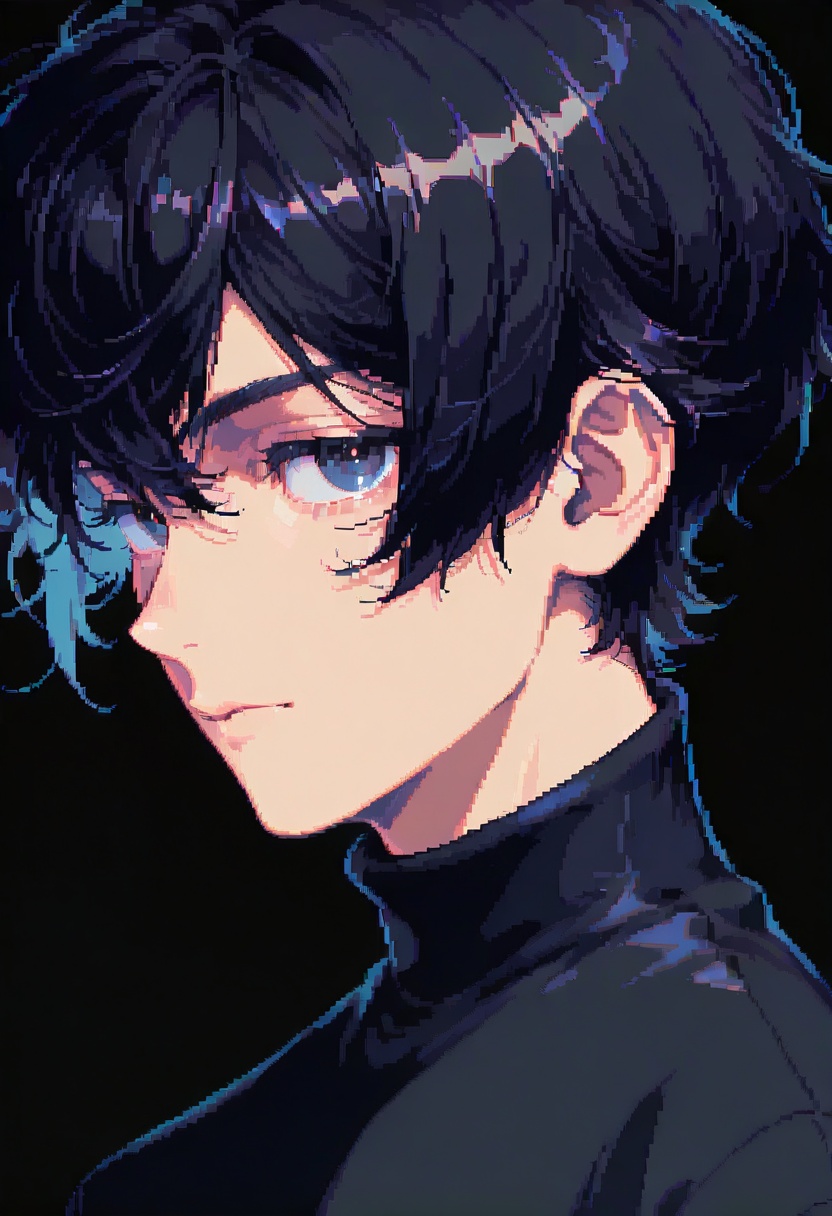dpa,pixel art, solo, 1boy, male focus, black hair, black background, closed mouth, looking at viewer, profile, turtleneck, short hair, simple background, portrait