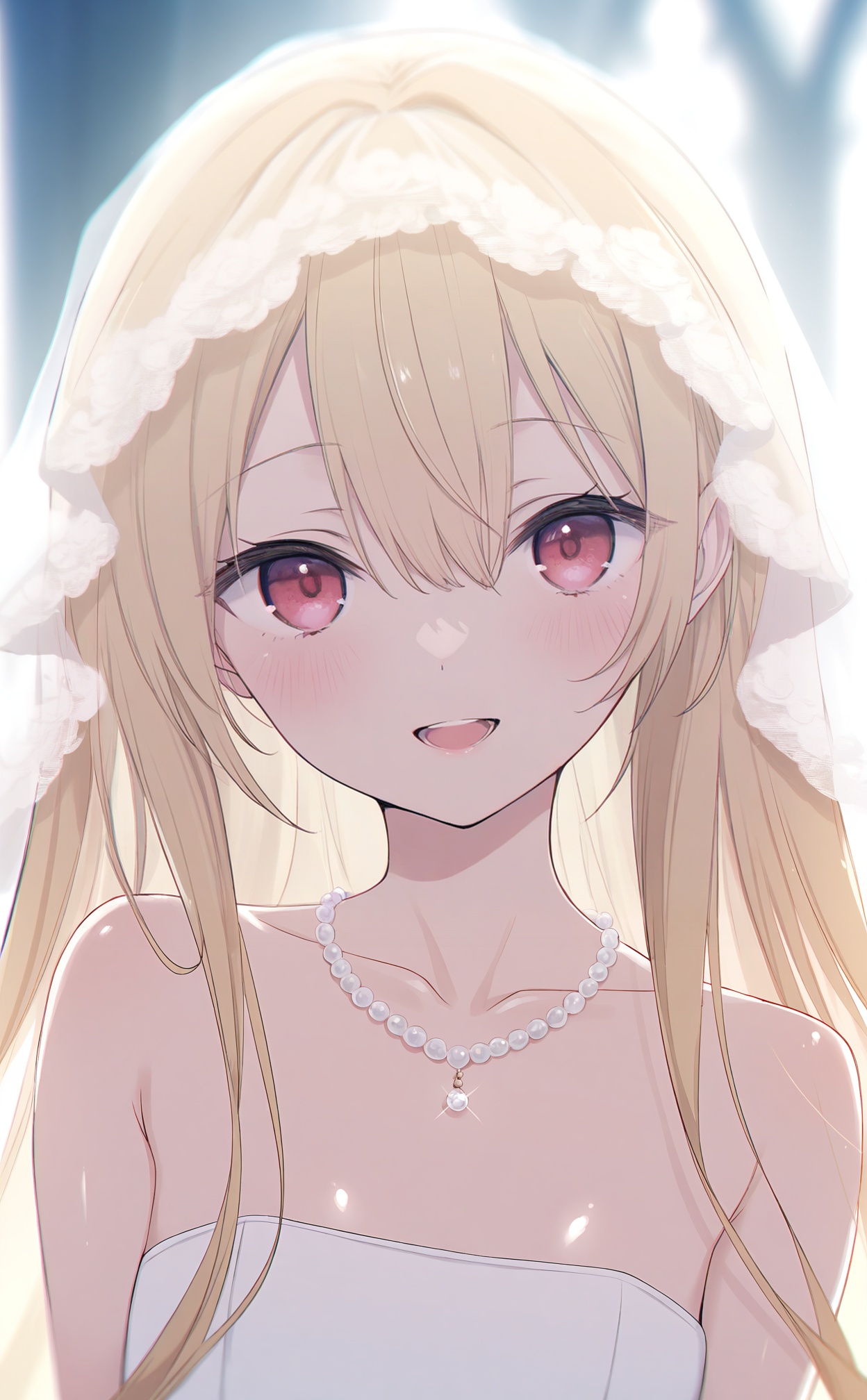 masterpiece,highres,absurdres,newest,best quality,loli,petite,high quality,chromatic_aberration,shiny_skin,//,1girl, veil, bridal_veil, solo, blonde_hair, looking_at_viewer, jewelry, necklace, collarbone, smile, blush, long_hair, wedding_dress, red_eyes, bare_shoulders, open_mouth, blurry_background, bride, blurry, portrait, hair_between_eyes, pearl_necklace, white_veil, pink_eyes, teeth, dress//,<lora:aestivation——【noob】hans:0.8>,