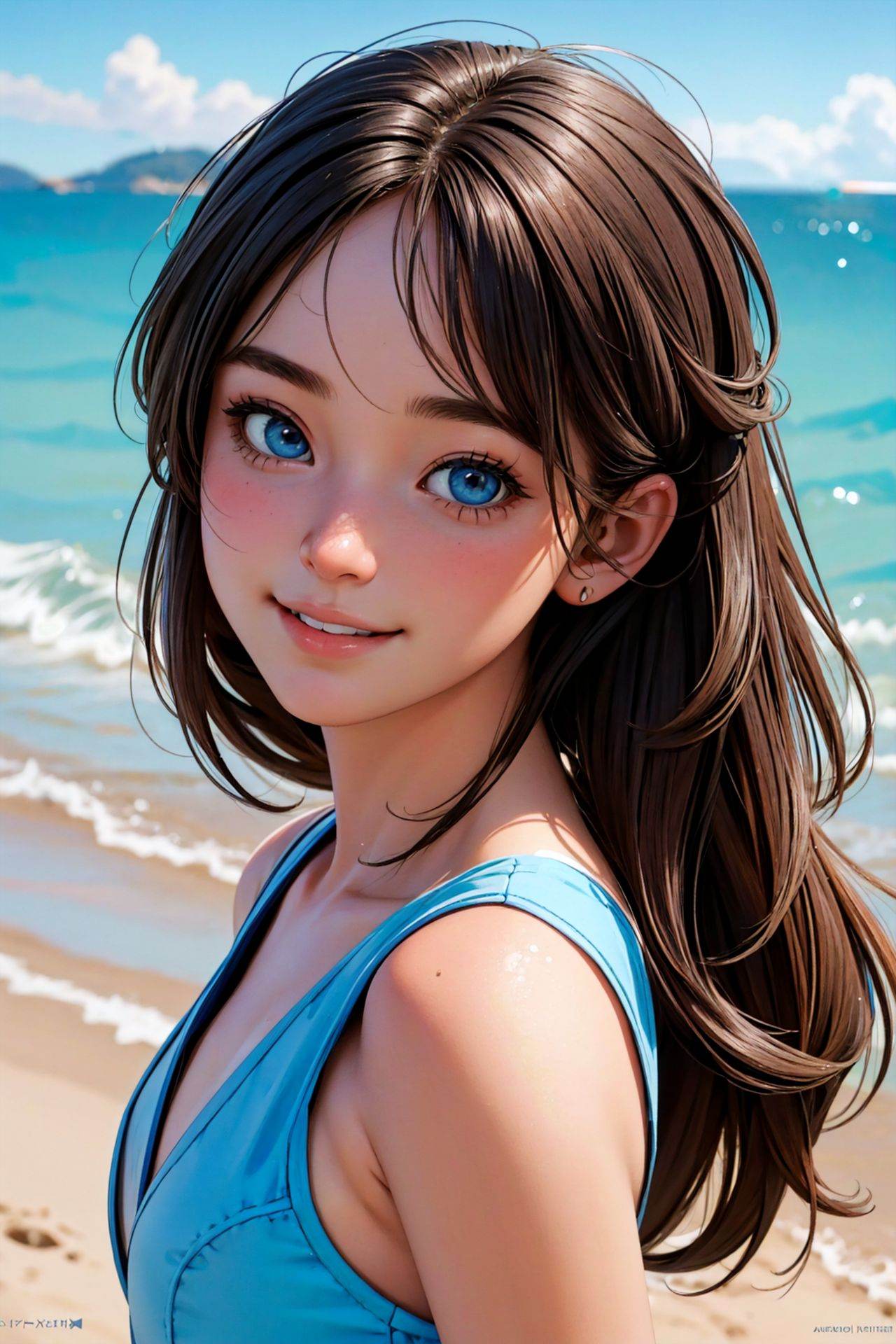 portrait of a happy girl at the beach,  photo,  realistic on Tensor.Art