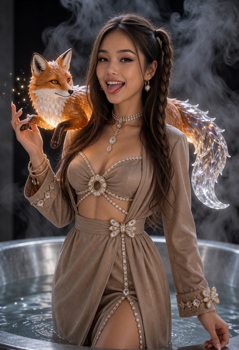 RinaX,  long dark brown hair with warm caramel highlights,  center-parted and styled into two braided side ponytails while...