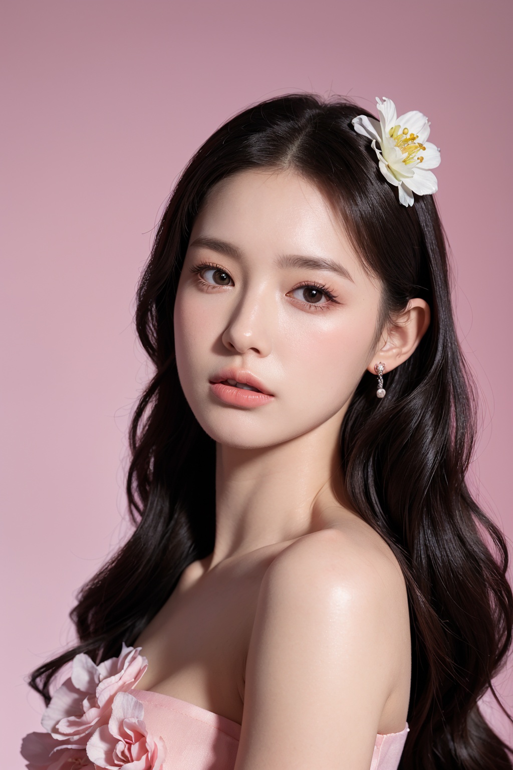 1girl, solo,(front view:1.2),(looking_at_viewer:1.4),(eye-contact:1.4),,black hair, long hair, jewelry, realistic, earrings, hair ornament, black eyes, lips, collarbone, parted lips, flower, watermark, upper body, portrait, hair flower, dress, web address,  <lora:YG红颜阁美女15:0.85>,