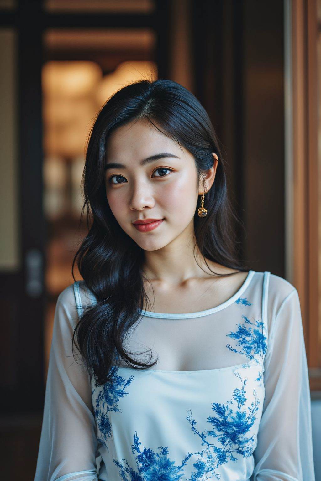 HDR photo of cinematic film still,This is a beautiful photograph of a woman,black hair cascading over her shoulders,She is wearing a boatneck white and blue chinese dress,Standing,Looking at the viewer. Smile,