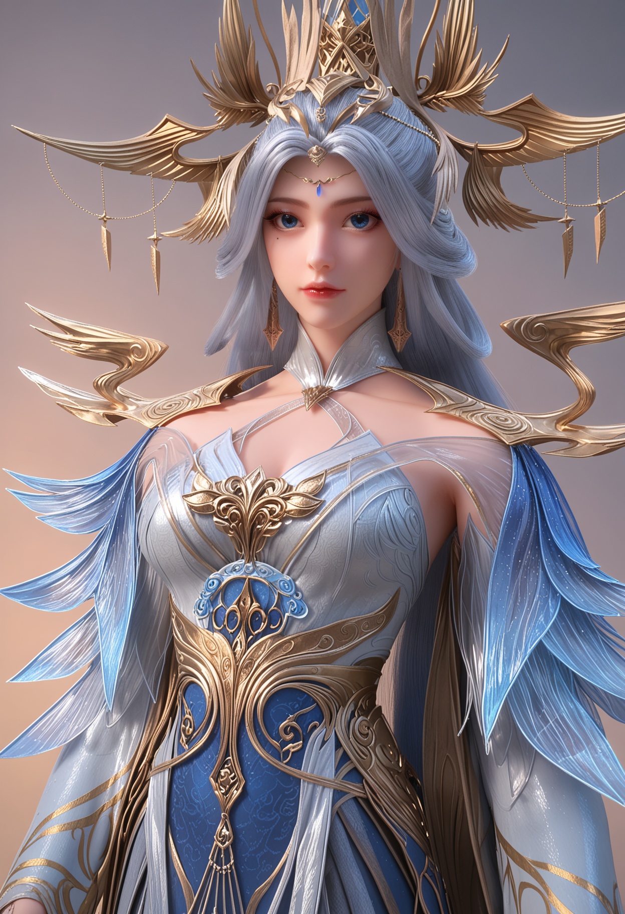 score_9,high detail,best quality,cinematic lighting,volumetric lighting,shiny skin,shiny,1girl,solo,blue eyes,white_hair,long hair,blue dress,hair ornament,jewelry,white background,earrings,mole under eye,dress,breasts,simple background,closed mouth,makeup,long sleeves,looking at viewer,cowboy_shot,<lora:QQSponyningyudiedujieV1:0.8>,<lora:Pony_DetailV2.0:0.8>,<lora:皮肤凹痕:0.1>,