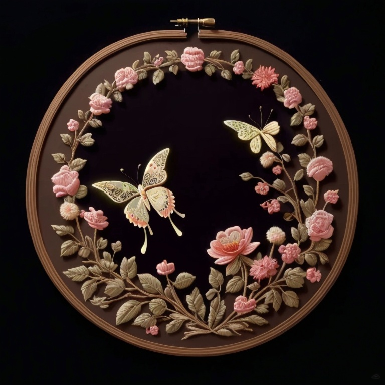 ((HRD, HUD, 8K)),((masterpiece, best quality)), highly detailed,Embroidery, no humans, bug, flower, butterfly, still life, pink flower, white flower, leaf, traditional media, plant, branch,  <lora:20240520-1716211516835:0.9>