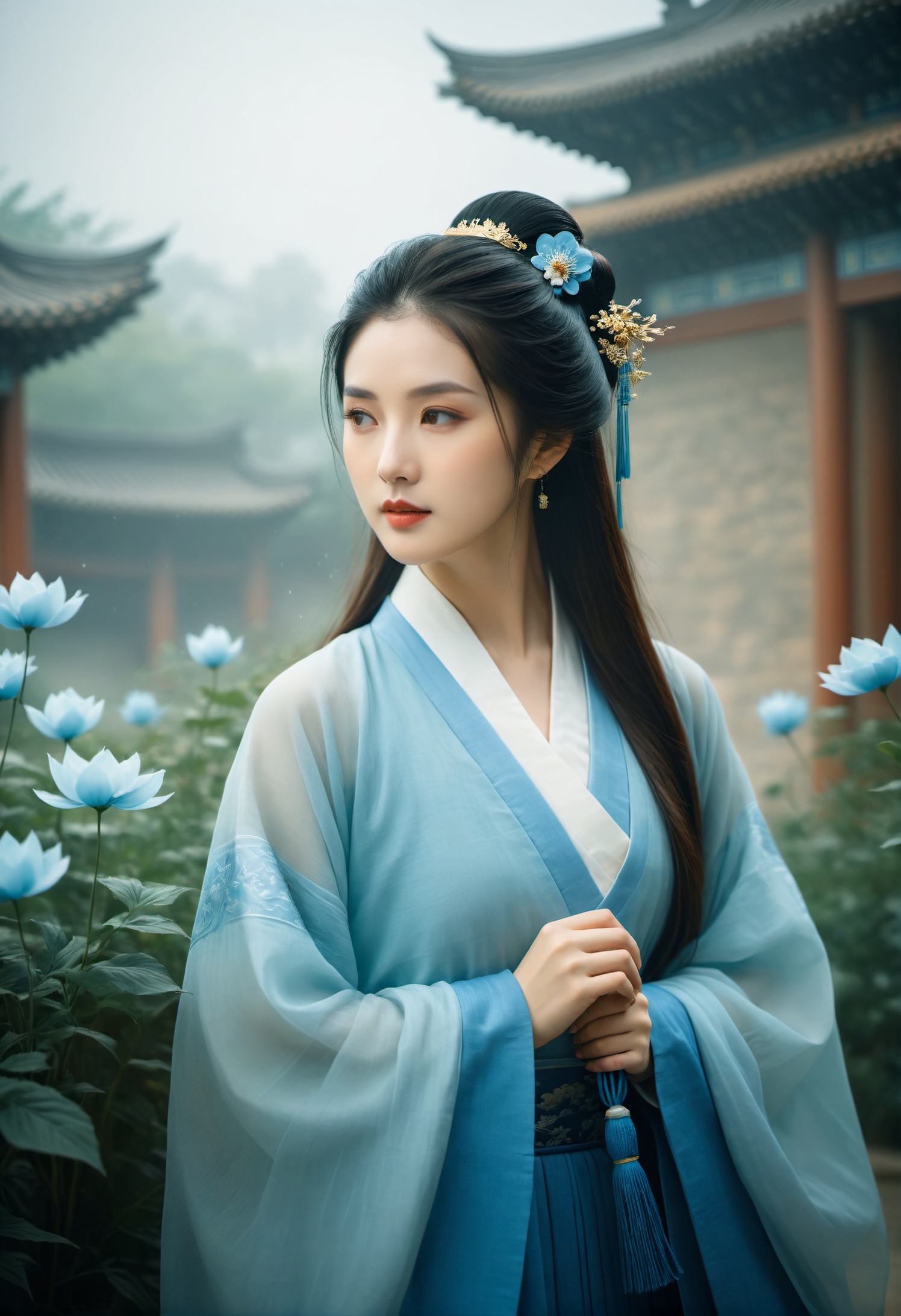 In the courtyard of ancient Chinese architecture,  holding a paper,  (She engages in poetry exchanges in a study or a gard...