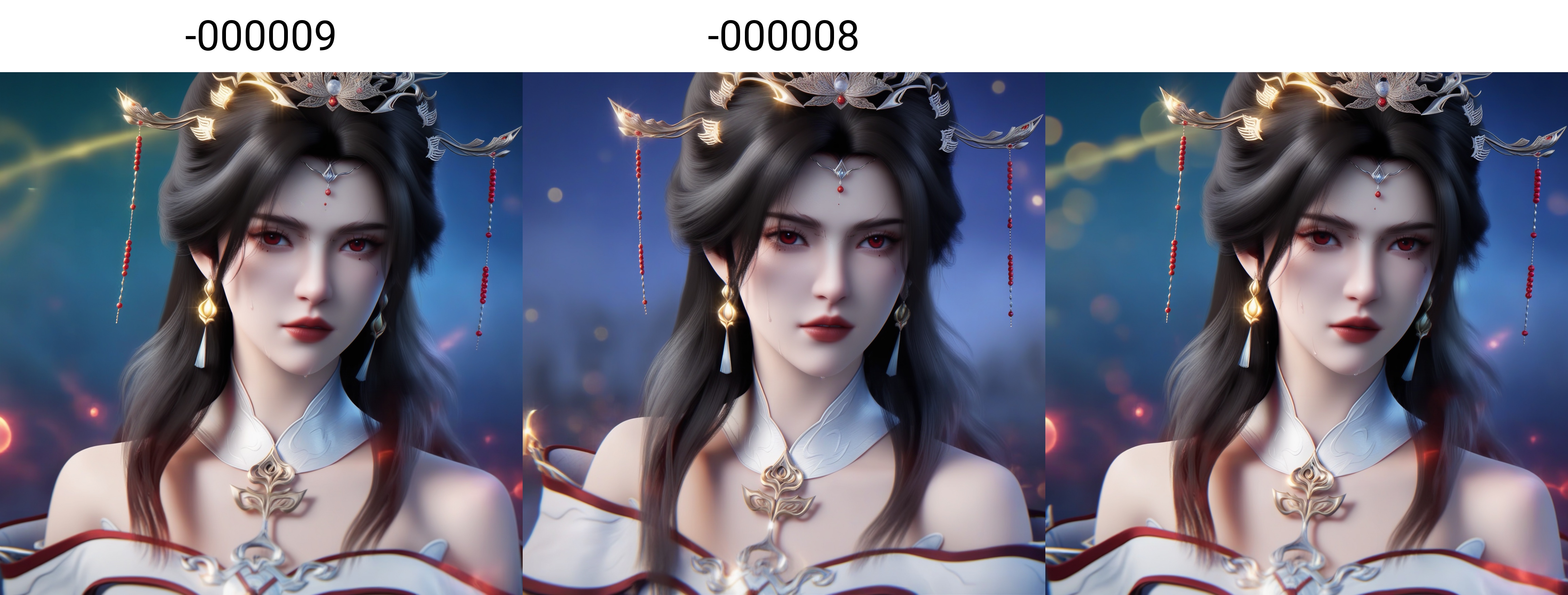 (score_9),collarbone,<lora:姚惜雪-Apony-000009:0.85>,long hair,black hair,hair ornament,hair beads,jewelry,forehead jewel,tassel earrings,light makeup,tiara,red eyes,detached collar,golden necklace,off-shoulder dress,BREAKsolo focus,front view,upper body,<lora:e肤色滑块:0.8>,(white_skin),(sweaty skin),(Ivory_skin),light_skin,very sweaty,BREAKwarm_lightting,rim light,Cinematic Lighting,lens flare,available light,depth of field,bokeh,