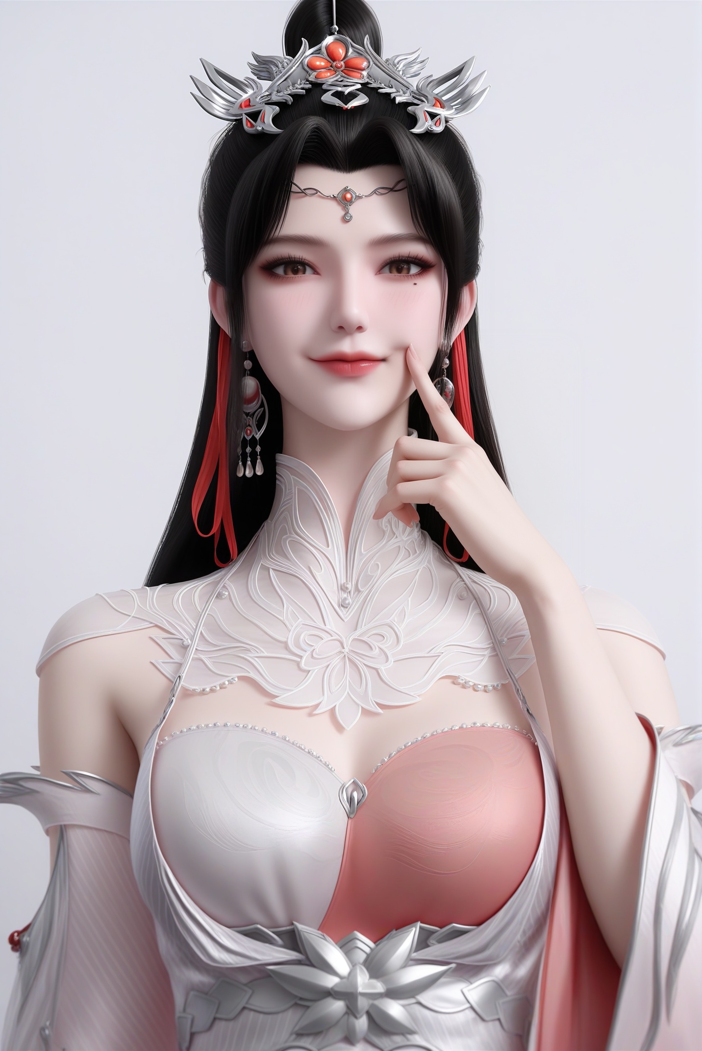 masterpiece,best quality,absurdres,highres,mature female,glamor,(slender:1.1),solo,<lora:柳眉-ill-000009:0.85>,liumei,long hair,black hair,hair ribbon,dangling earrings,crown-like hair ornament,hair ornament,forehead decoration,single hair bun,mole under eye,grey yes,brown_pupils,light blush,BREAKcollarbone,sheer overlay,mandarin collar,jewelry,halter dress,detached sleeves,two-tone bustier,looking at viewer,(front view),(fingersmile:1.1),upper body,BREAK(white_skin:1.1),(fair_skin:1.1),realistic,simple background,white background,