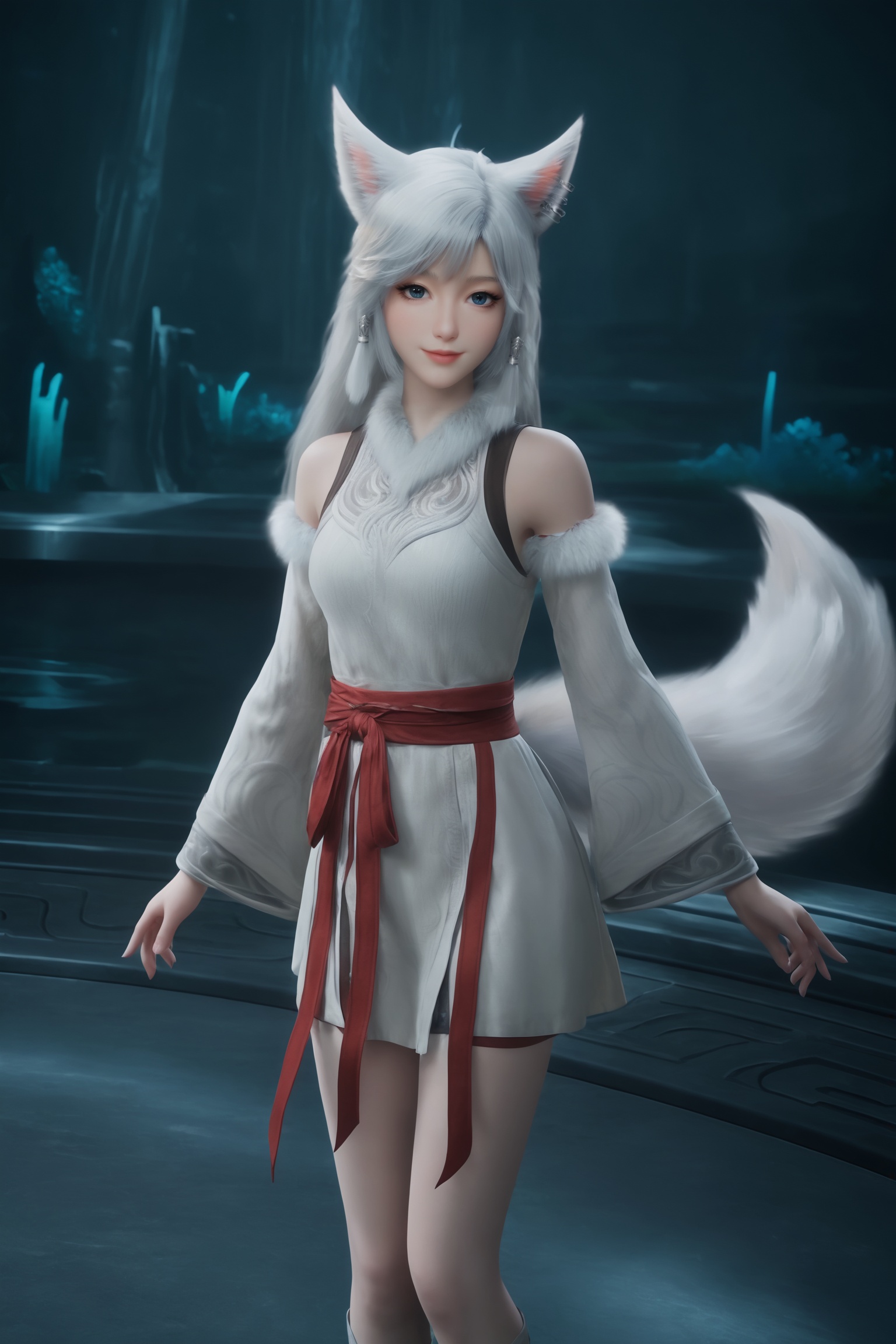 best quality,emotional lighting,cinematic composition,clean space,ethereal,soft light catching the subtle details of her face,<lora:凡人-银月Pony:0.7>,1girl,long,flowing white hair,fox ears and tail,small hairpin,blue eyes,sleeveless,white dress with intricate silver embroidery and a red sash tied at the waist. long,flowing sleeves,white fur,