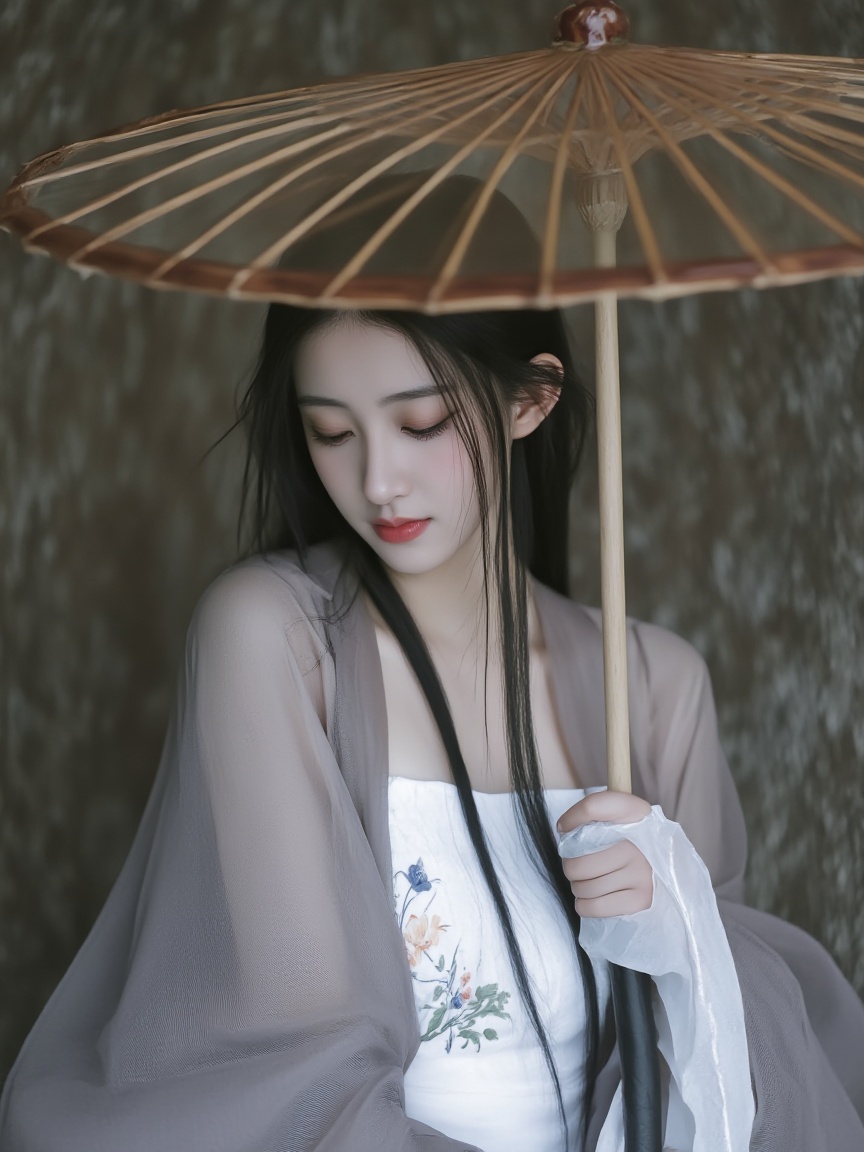 neomj, A woman with long, dark hair and fair skin is holding an open, round, straw umbrella over her head. She is wearing traditional clothing, including a sheer outer layer and a white top with floral embroidery. She is looking down, and her expression is calm. The background appears to be a textured, natural scene..,<lora:neomj古风v9_15:1>,