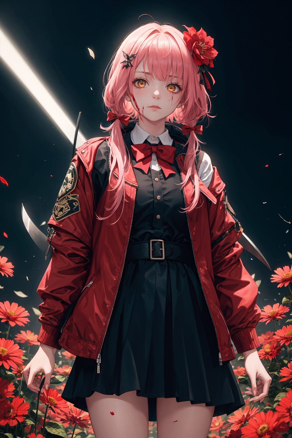 1girl,solo,long hair,looking at viewer,bangs,skirt,shirt,hair ornament,long sleeves,dress,bow,closed mouth,jacket,yellow eyes,ponytail,pink hair,flower,cowboy shot,open clothes,collared shirt,hair flower,hood,bowtie,black skirt,off shoulder,black dress,red bow,open jacket,floating hair,expressionless,red flower,red bowtie,red jacket,zipper,holding katana,zipper pull tab,backlighting,{flashing black,shine noise},(red eye tail),evil wing,bleed,blood on face,cowboy shoot,broken heart,blue and white theme,depth of field,cinematic lighting,light particles,lens flare,(artist:quasarcake:0.8),extreme aesthetic,(wlop:0.6),masterpiece,best quality,good quality,newest,year 2024,year 2023,very aesthetic,absurdres,Visual impact,A shot with tension,ultra-high resolution,32K UHD,sharp focus,best-quality,masterpiece,Emotionalization,unconventional supreme masterpiece,masterful details,temperate atmosphere,with a high-end texture,in the style of fashion photography,(Visual impact:1.2),giving the poster a dynamic and visually striking appearance,impactful picture,official art,colorful,splash of color,movie perspective,masterpiece,best quality,amazing quality,very aesthetic,absurdres,best quality,newest,sfsk,slxy,qxsy,