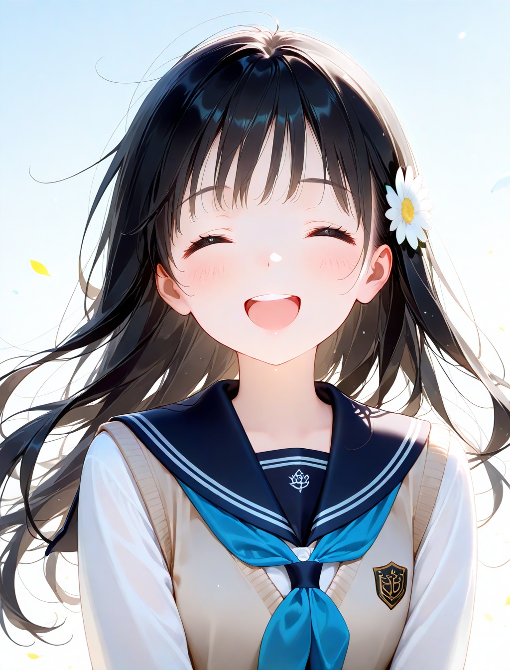 1girl, solo, closed eyes, smile, open mouth, blush, hair ornament, sailor collar, hair flower, blue neckerchief, upper body, school uniform, shirt, flower, black hair, teeth, long hair, facing viewer, neckerchief, white flower, white shirt, :d, sweater vest, upper teeth only, happy, serafuku, blue sailor collar, floating hair, ^_^, black sailor collar, vest, wind
